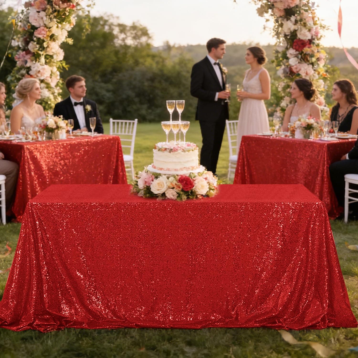 OQSQ Red Sequin Tablecloth 60x102 inch Glitter Drape Table Cover Sparkle Sequenc - Thumbnail 4