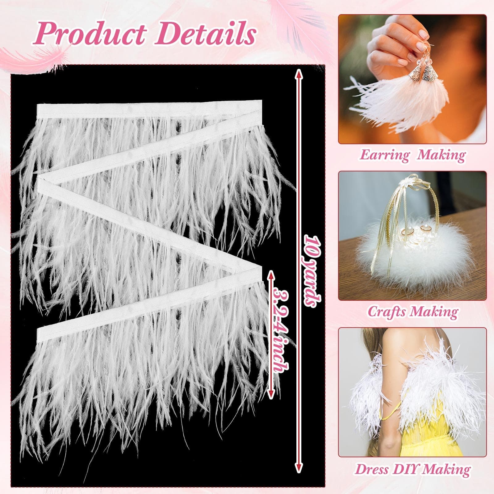 Janinka 10 Yards White Ostrich Feathers Trims 3-4 Inch Feathers Fringe Trim Ribb - Thumbnail 2