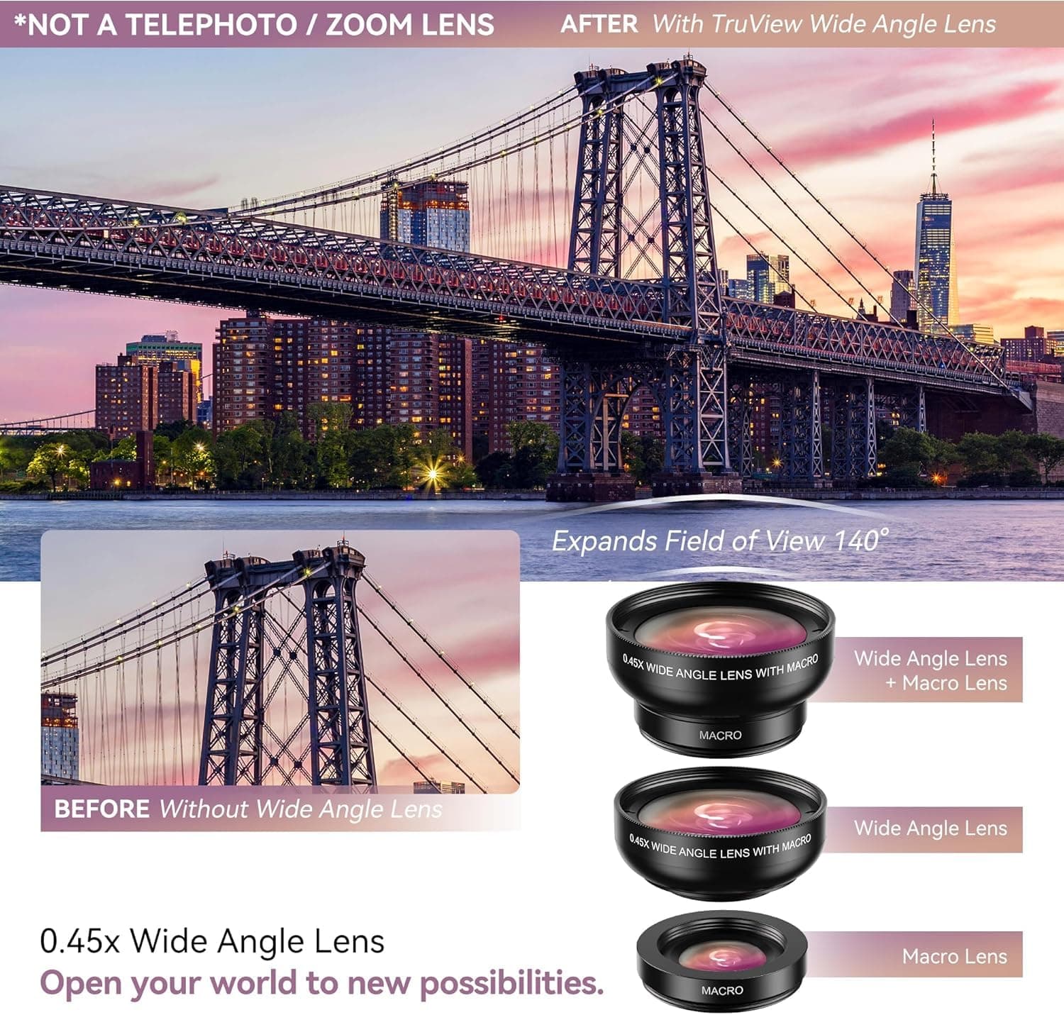 MIAO LAB 2-in-1 Phone Camera Lens Kit, 12.5X Macro + 0.45X Wide Angle (140°) Cel - Thumbnail 2