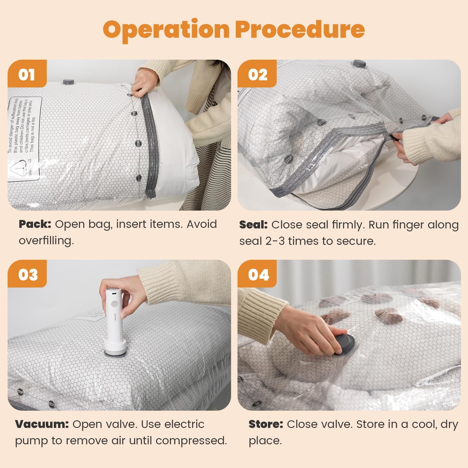 10 Jumbo Vacuum Storage Bags with Electric Pump, Large Vacuum Seal Bags for Clot - Thumbnail 8