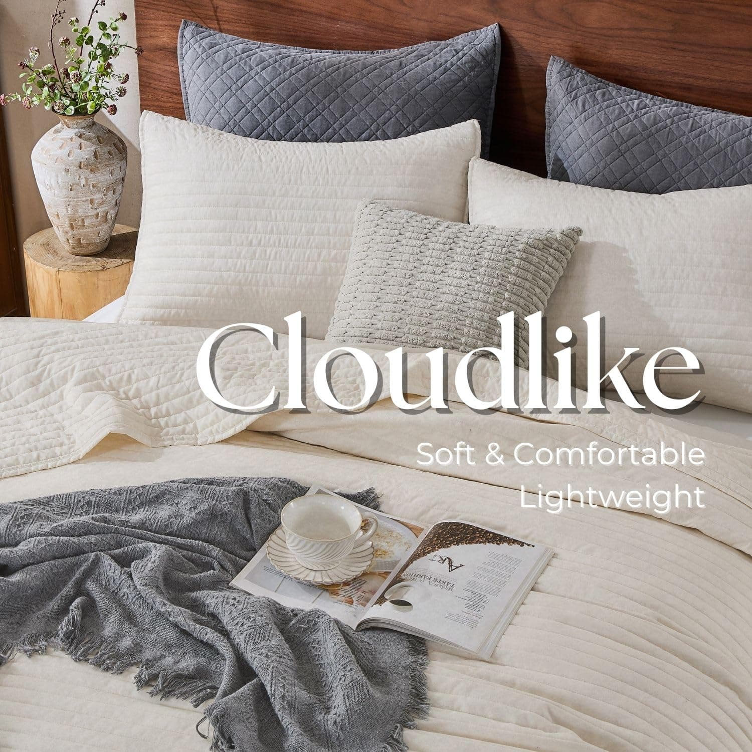 DOWN HOME Cali King Quilt Bedding Set with Shams, Vintage Washed Quilted Blanket - Thumbnail 6