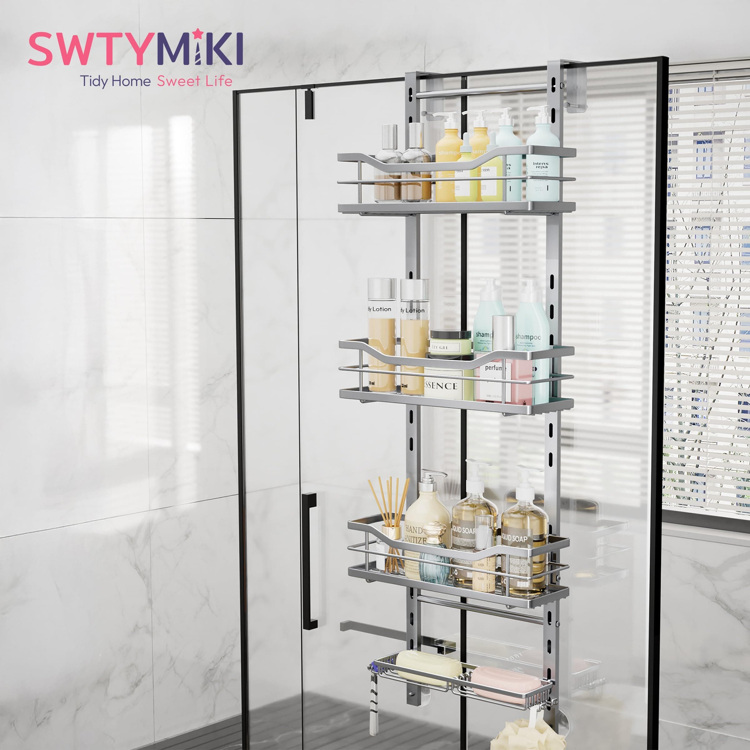 SWTYMIKI Over the Door Shower Caddy - 4 Tier Adjustable Shower Organizer Hanging - Thumbnail 2