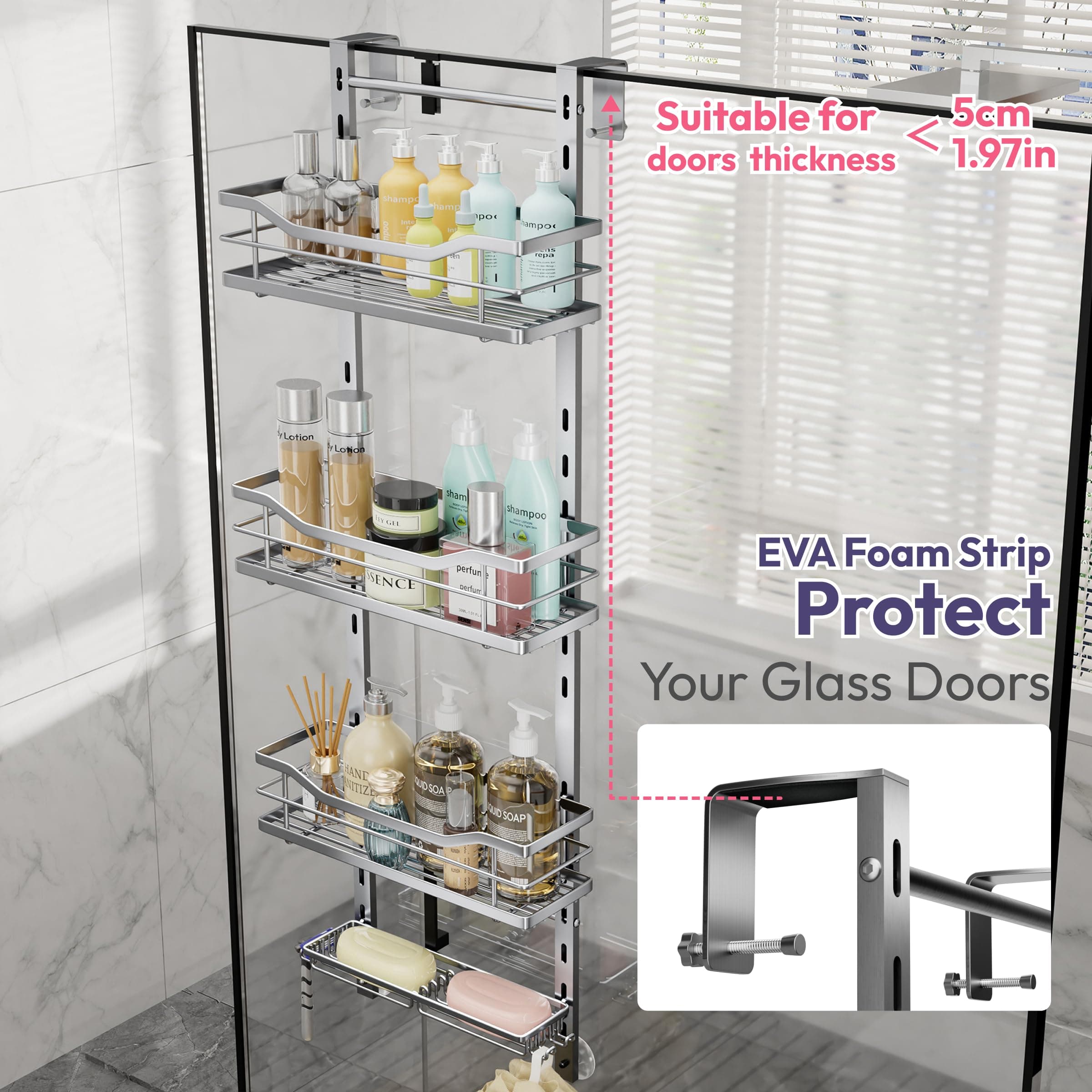 SWTYMIKI Over the Door Shower Caddy - 4 Tier Adjustable Shower Organizer Hanging - Thumbnail 4
