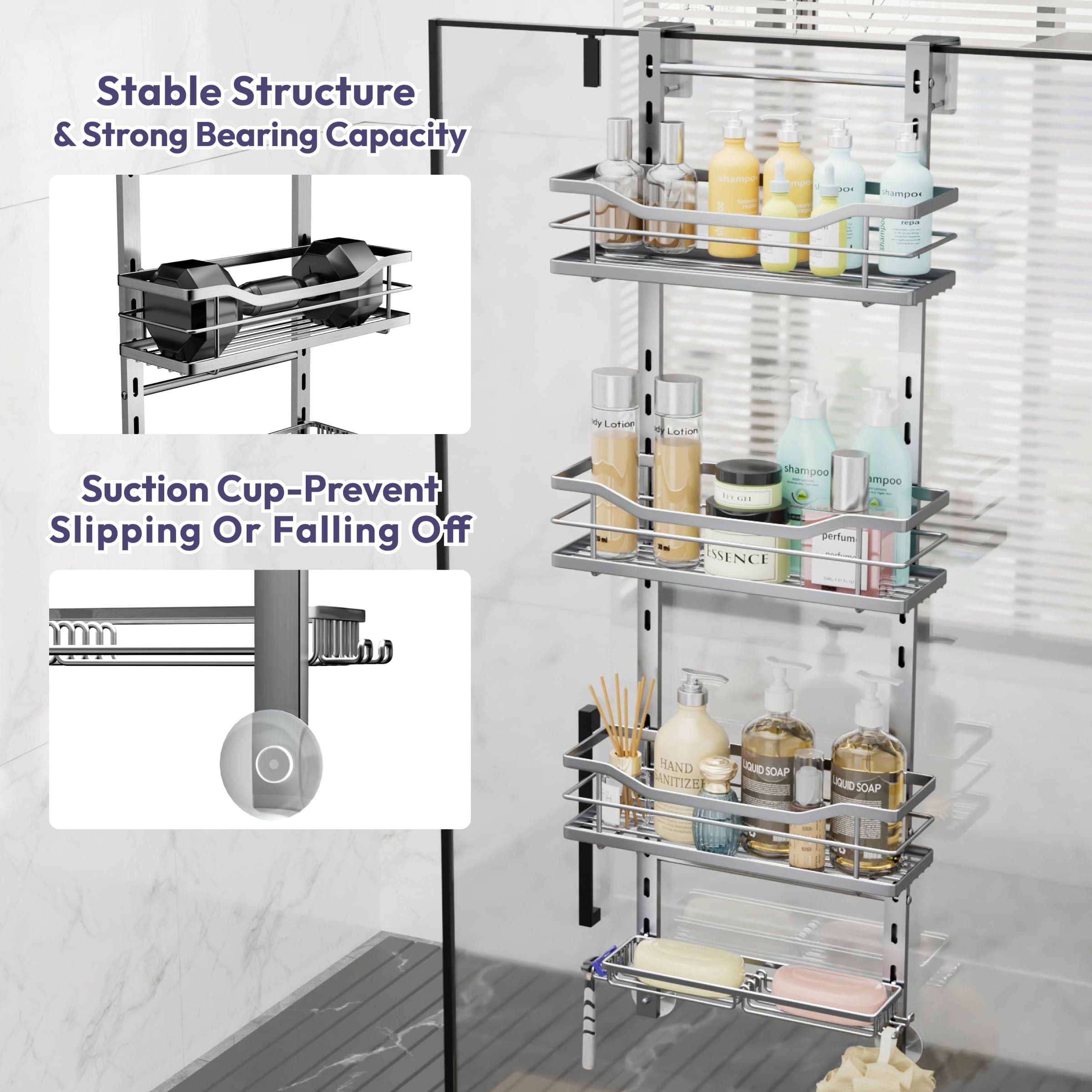 SWTYMIKI Over the Door Shower Caddy - 4 Tier Adjustable Shower Organizer Hanging - Thumbnail 5