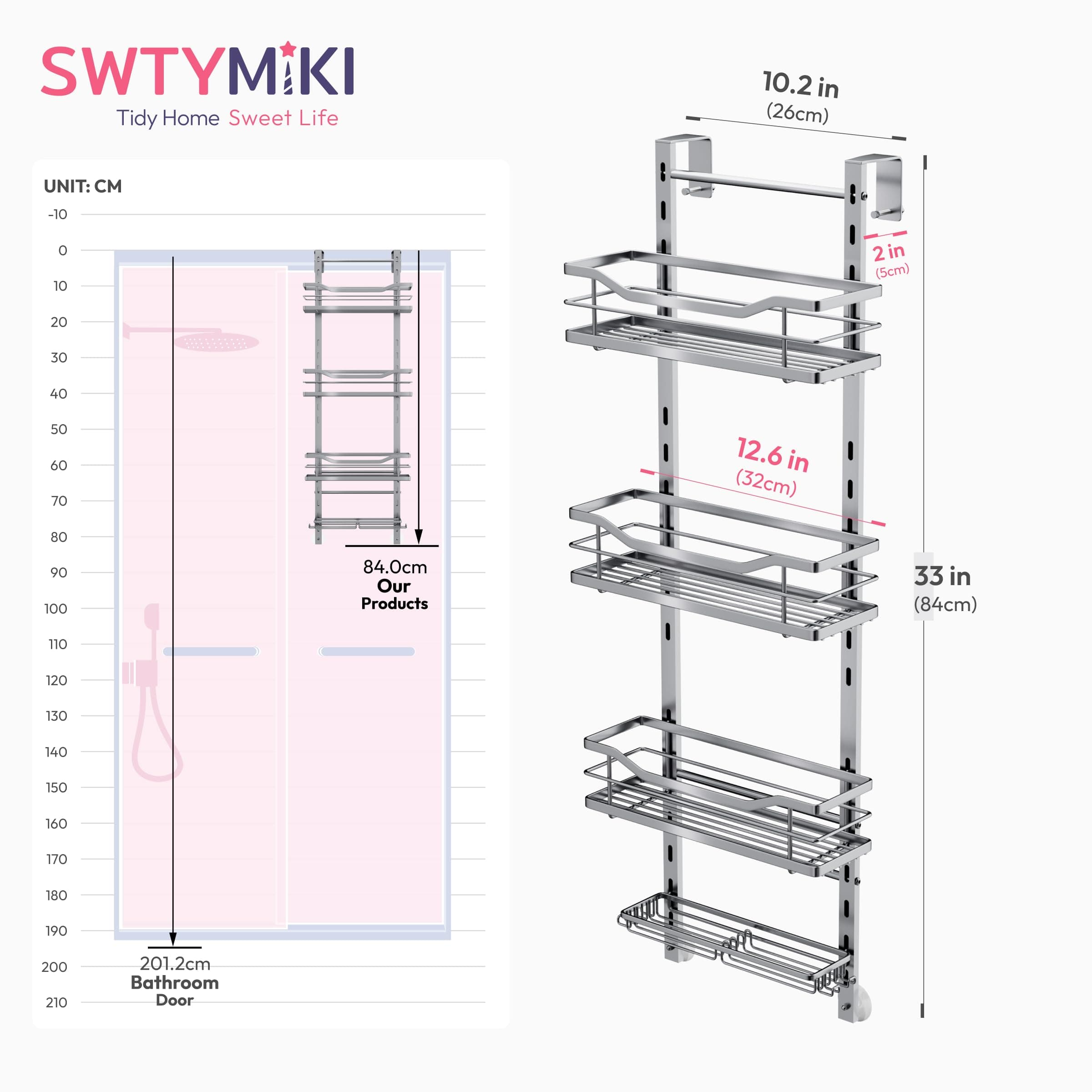 SWTYMIKI Over the Door Shower Caddy - 4 Tier Adjustable Shower Organizer Hanging - Thumbnail 7
