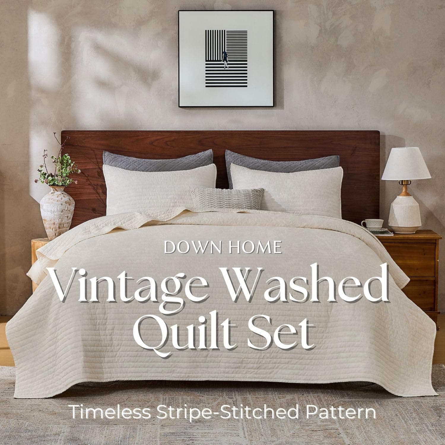 DOWN HOME Cali King Quilt Bedding Set with Shams, Vintage Washed Quilted Blanket - Thumbnail 2