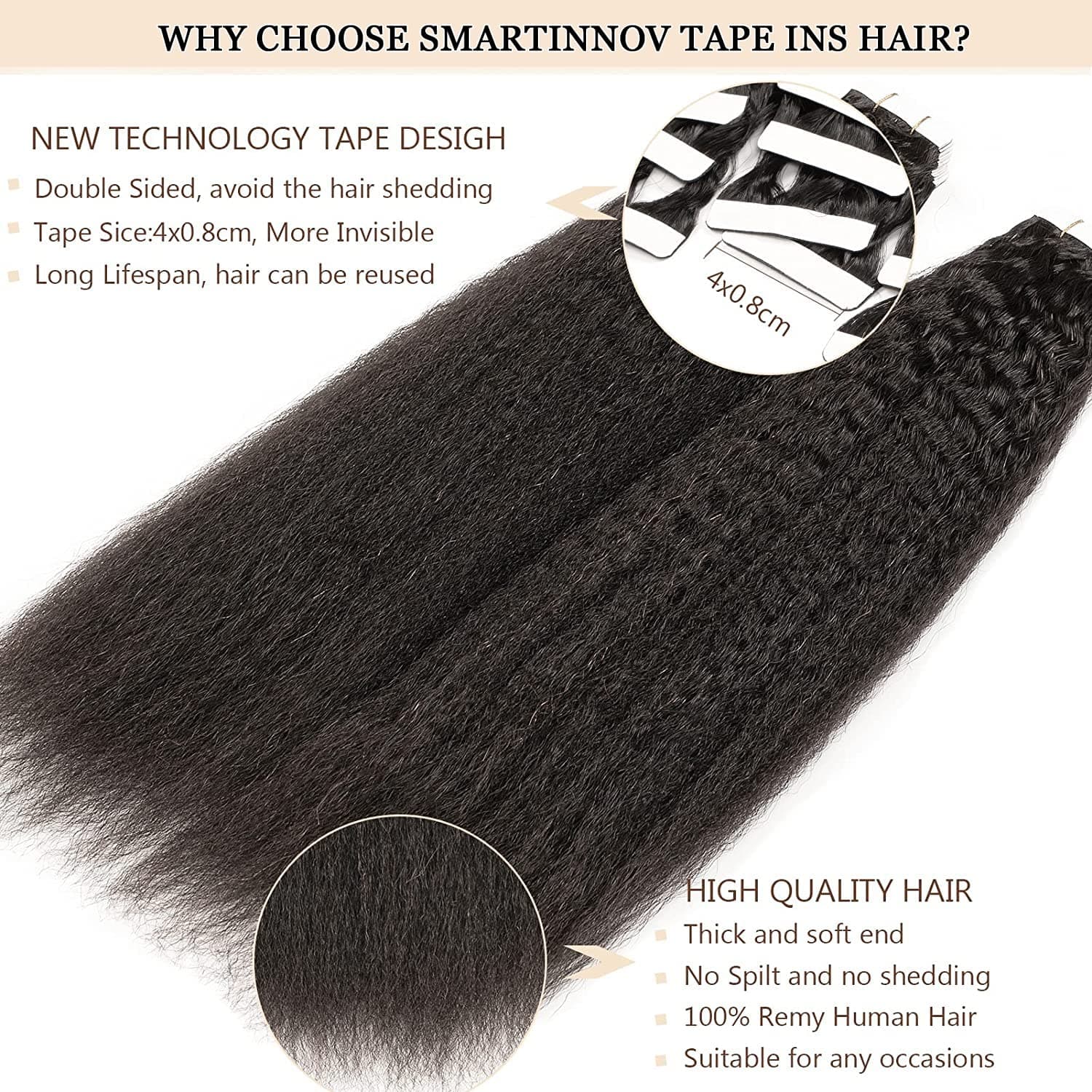 Invisible Hair Extension Tape 20in Human Hair Kinky Straight Double Sided Afro K - Thumbnail 3