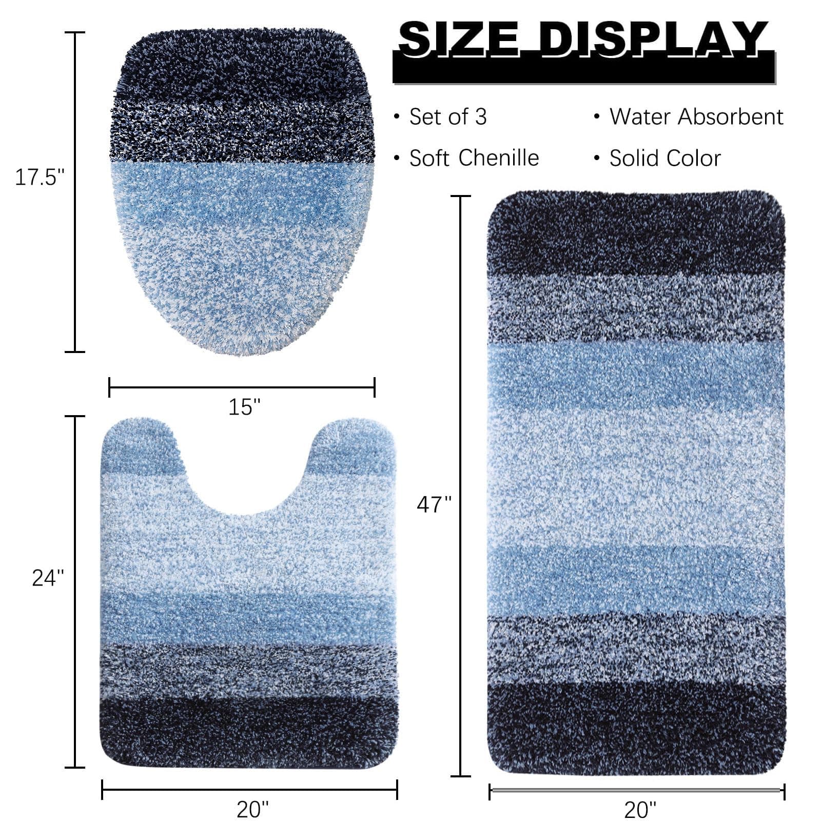 Arotive Microfiber Bathroom Rugs 3 Piece Toilet Lid Cover Shaggy Soft Absorbent - Thumbnail 2