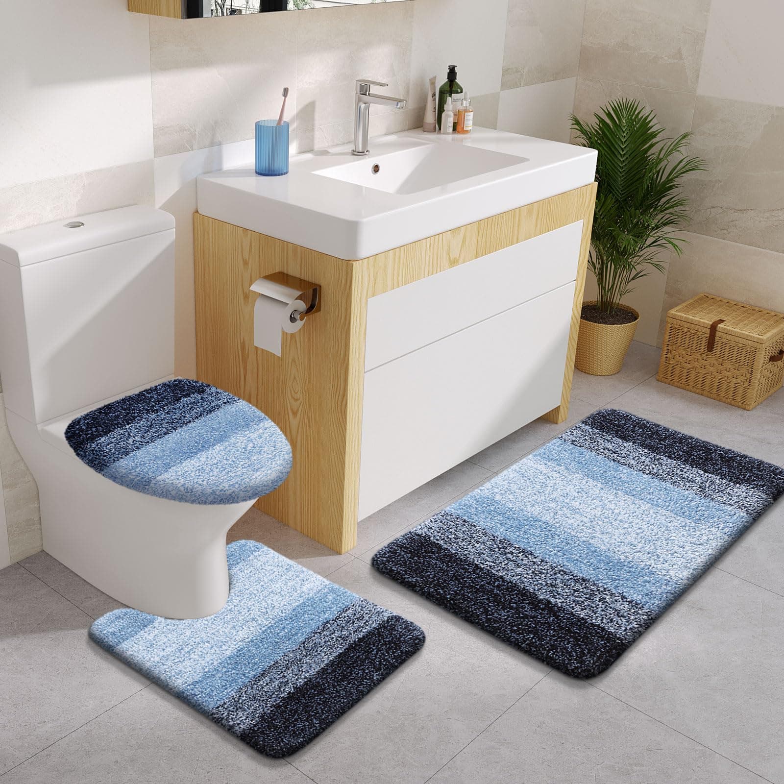 Arotive Microfiber Bathroom Rugs 3 Piece Toilet Lid Cover Shaggy Soft Absorbent - Thumbnail 8