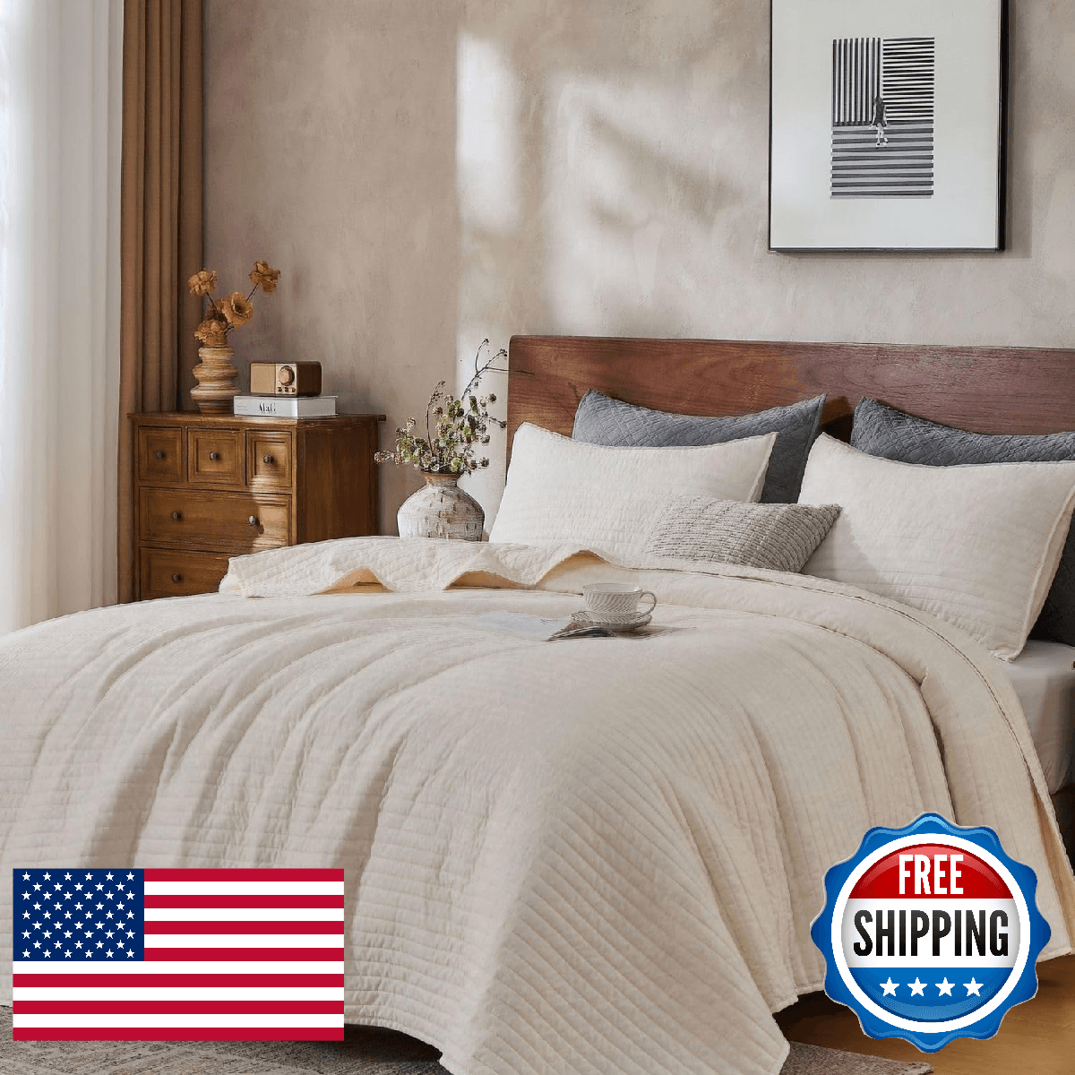 DOWN HOME Cali King Quilt Bedding Set with Shams, Vintage Washed Quilted Blanket - Image 1
