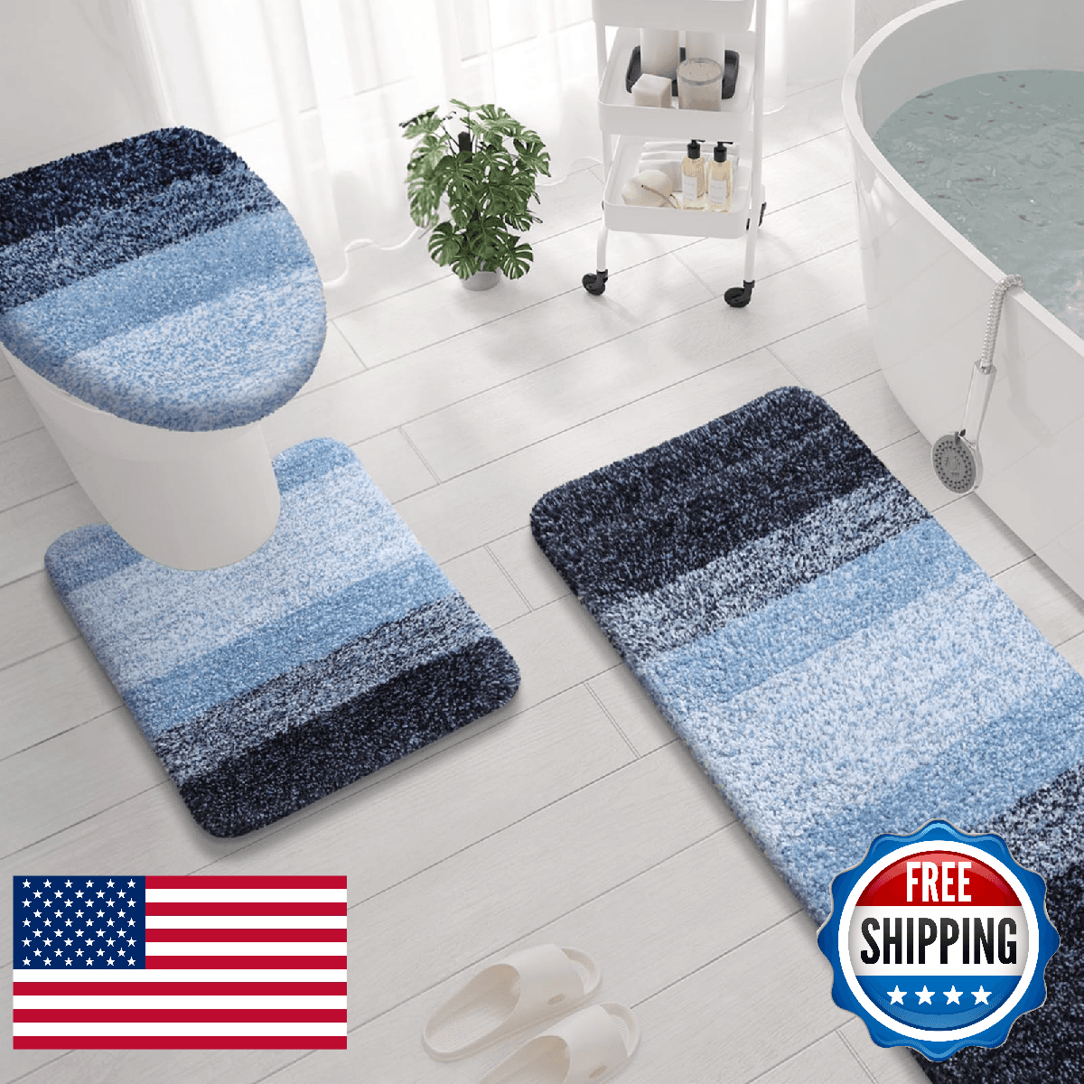 Arotive Microfiber Bathroom Rugs 3 Piece Toilet Lid Cover Shaggy Soft Absorbent - Image 1