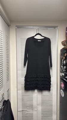 Calvin Klein Black Fringe Sweater Dress 3/4 Sleeve L - Thumbnail 4