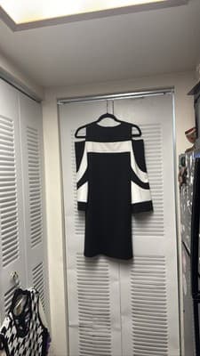 Nina Leonard Black White Cold Shoulder A-Line Dress 3/4 Sleeve - Thumbnail 2