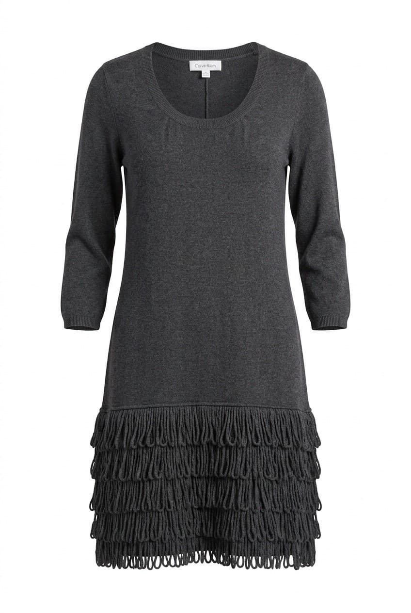 Calvin Klein Black Fringe Sweater Dress 3/4 Sleeve L - Image 1