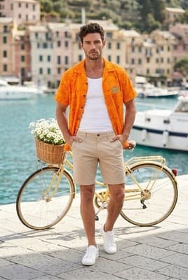 Men's Orange Short Sleeve Hawaiian Shirt Tropical - Image 1