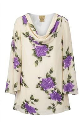 Midnight Velvet Blouse Purple Floral Sequin Cowl Neck 3/4 Sleeve Tunic - Image 1