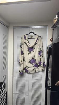 Midnight Velvet Blouse Purple Floral Sequin Cowl Neck 3/4 Sleeve Tunic - Thumbnail 3