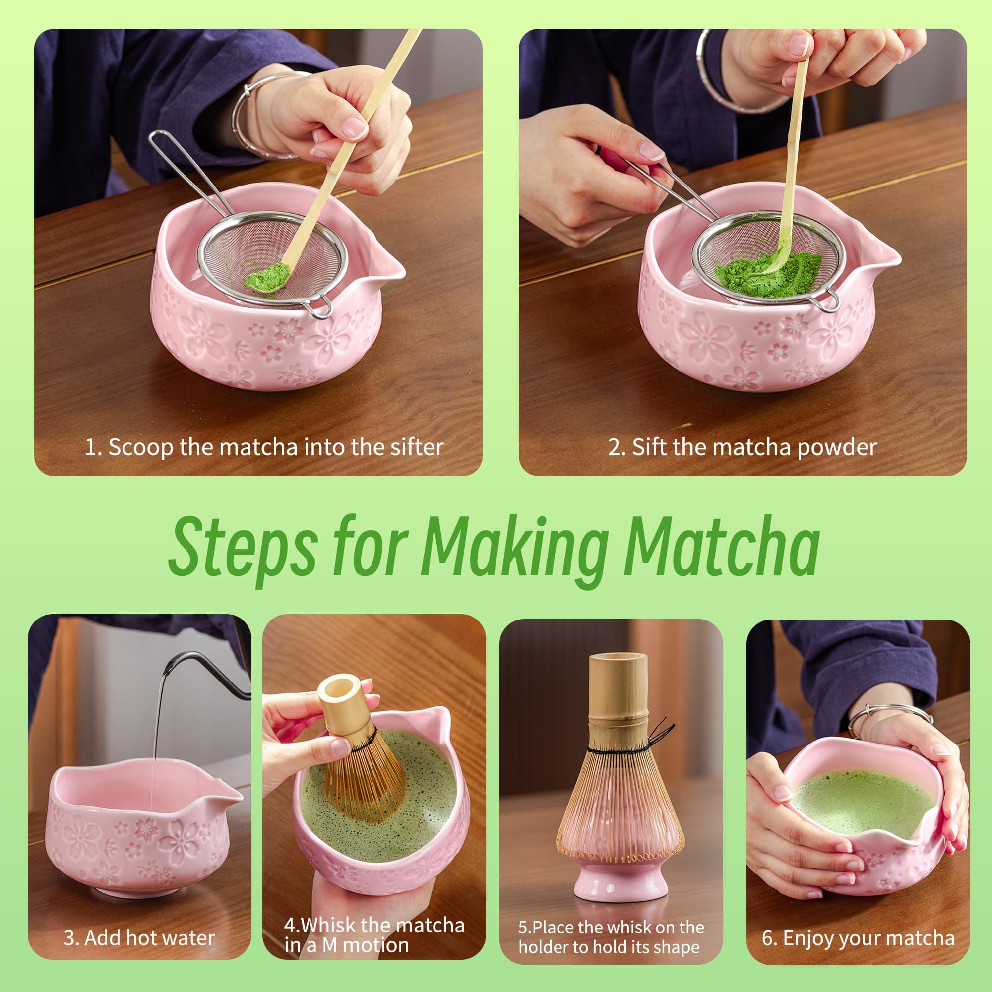TEANAGOO 7-PCS Pink Matcha Whisk Set with Cherry Blossom Design, Complete Ceremo - Thumbnail 5