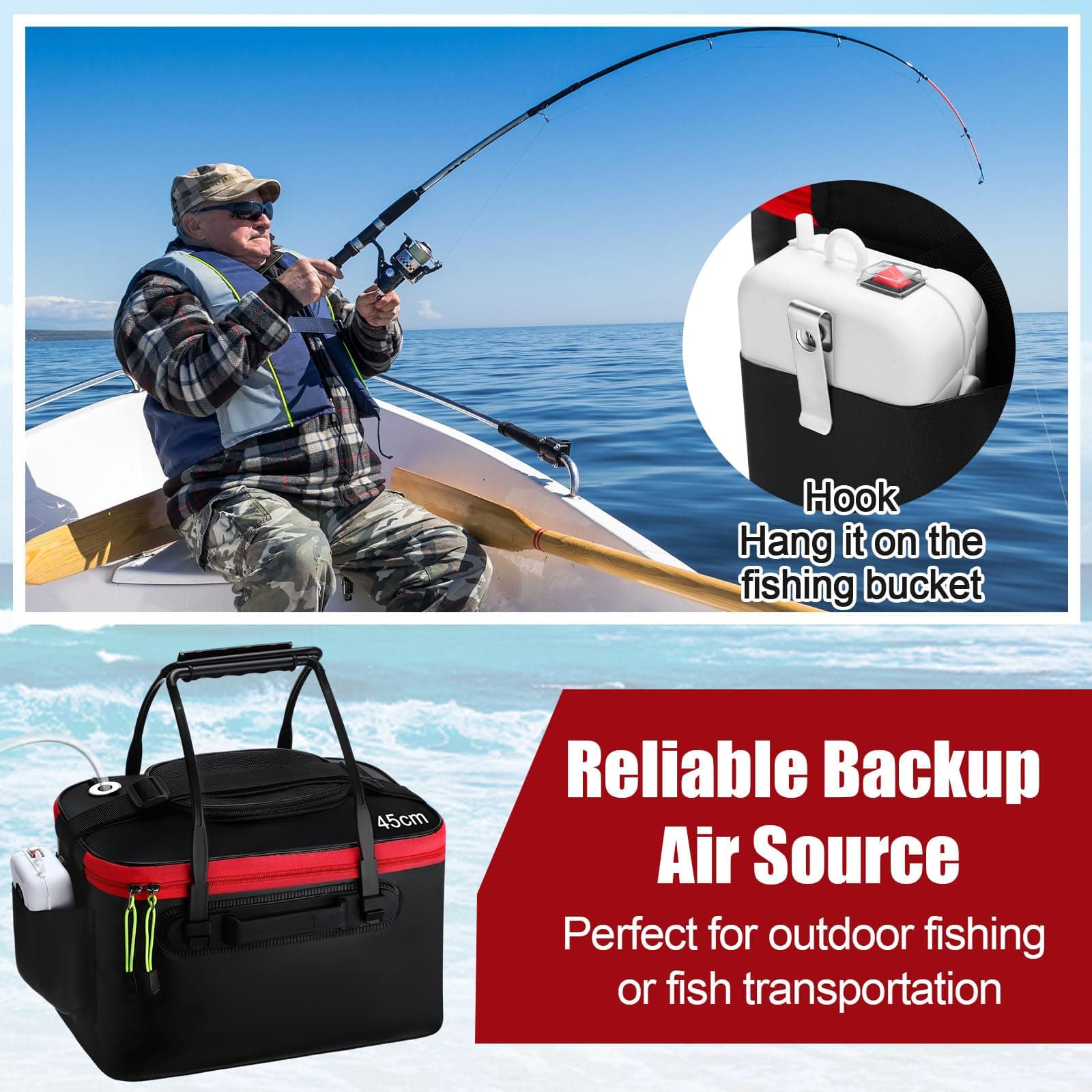 Cosblank 8 Gallon Fishing Bucket Live Bait Aerator Foldable Portable Quiet EVA B - Thumbnail 6