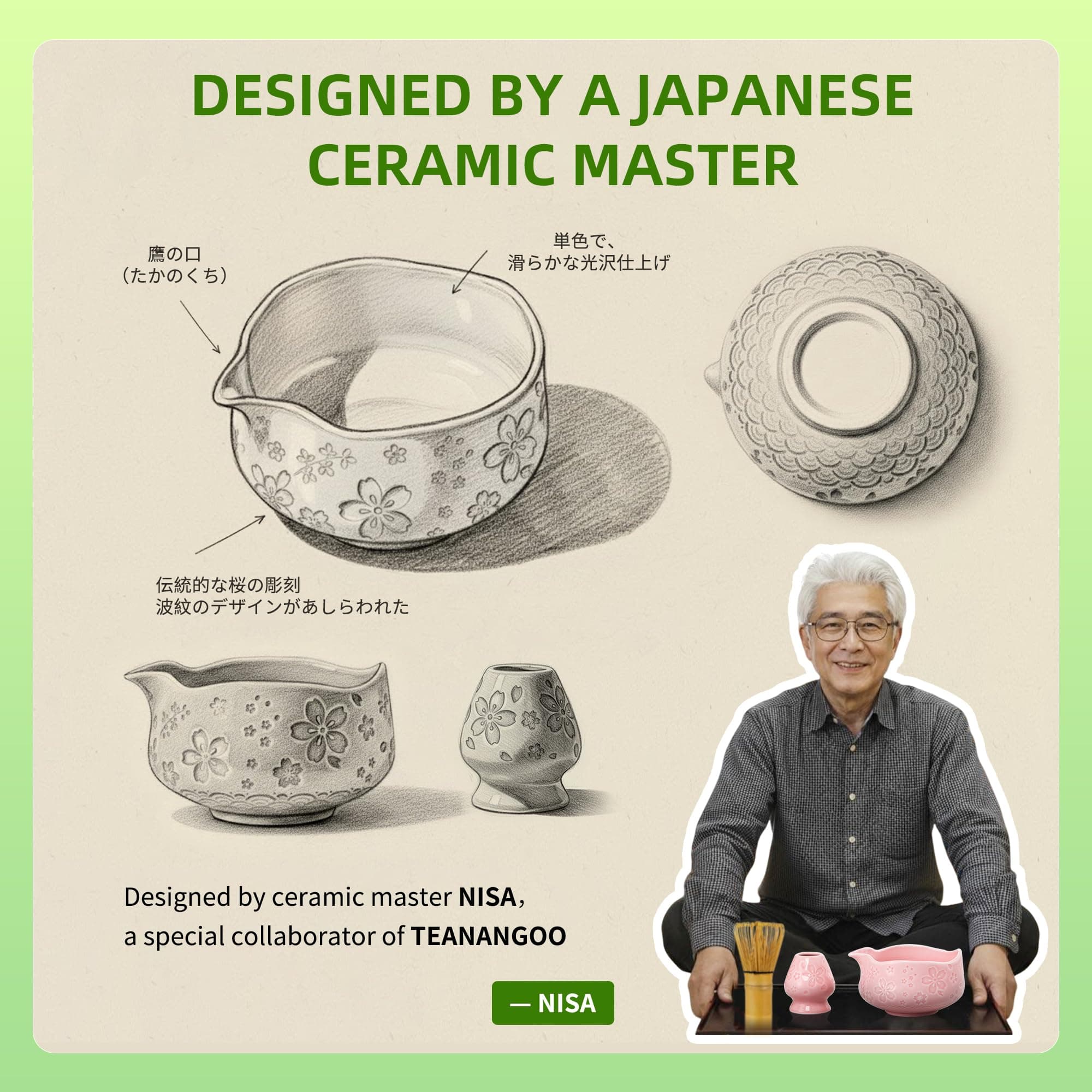 TEANAGOO 7-PCS Pink Matcha Whisk Set with Cherry Blossom Design, Complete Ceremo - Thumbnail 2