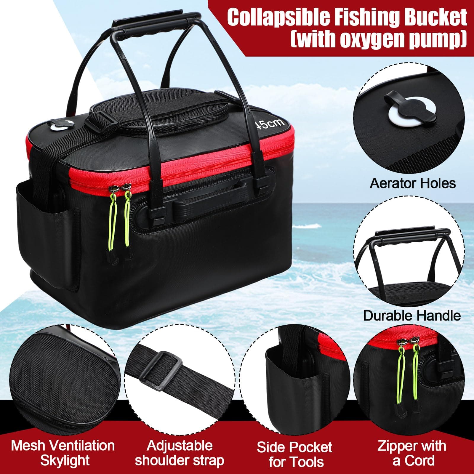 Cosblank 8 Gallon Fishing Bucket Live Bait Aerator Foldable Portable Quiet EVA B - Thumbnail 3