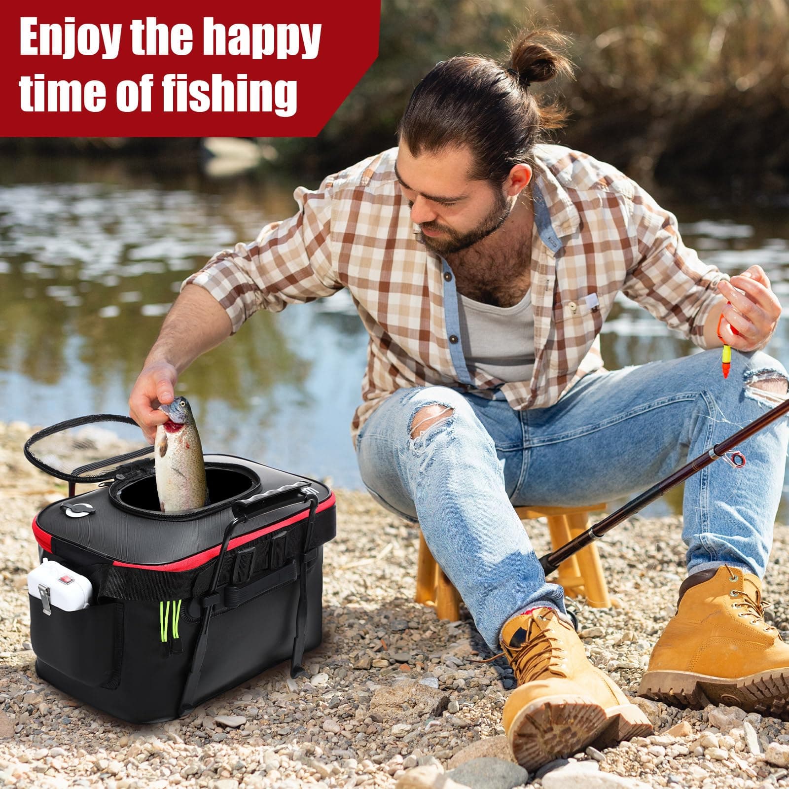 Cosblank 8 Gallon Fishing Bucket Live Bait Aerator Foldable Portable Quiet EVA B - Thumbnail 5