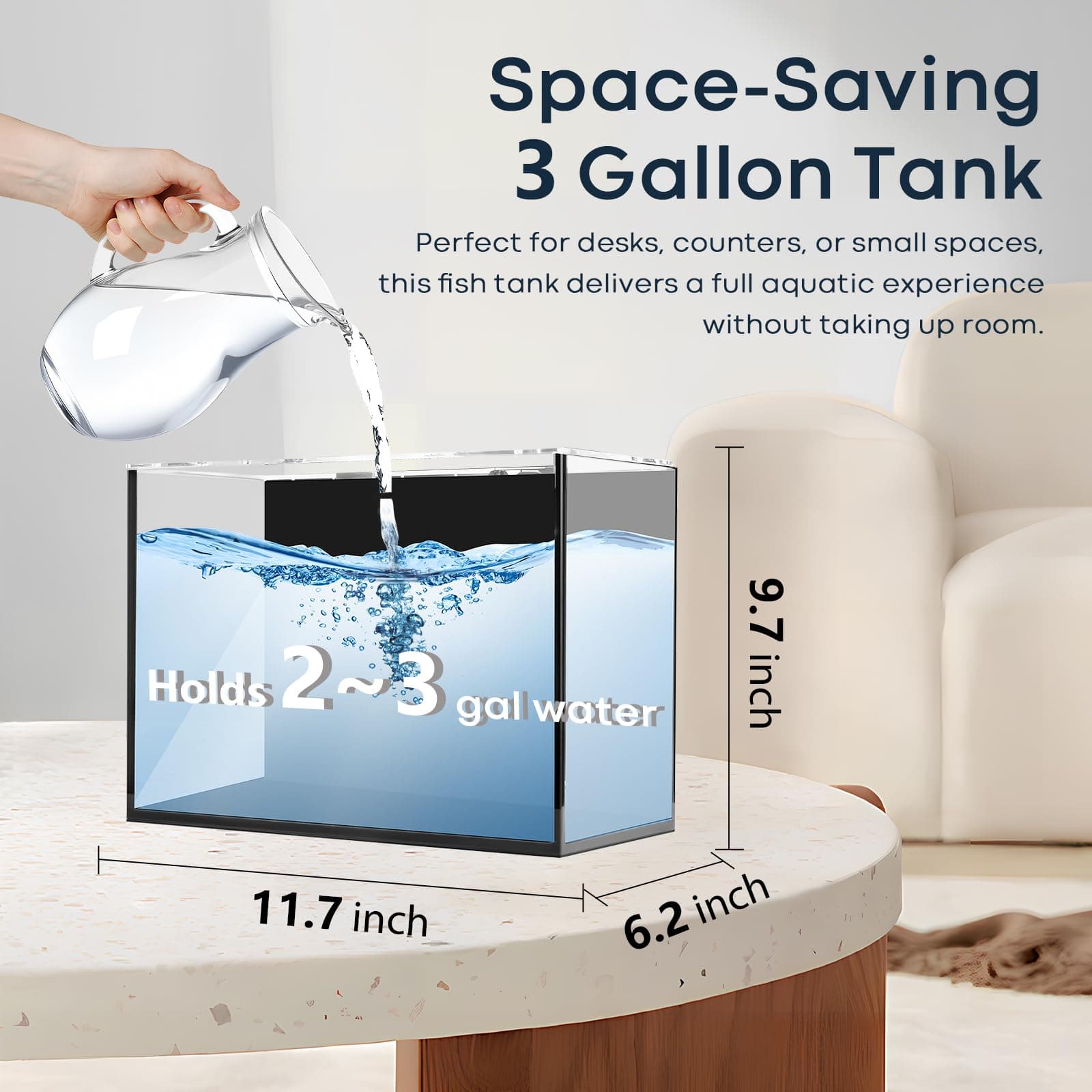 3 Gallon Glass Fish Tank Cube, Small Aquarium Fish Bowl for Betta Goldfish Snail - Thumbnail 4