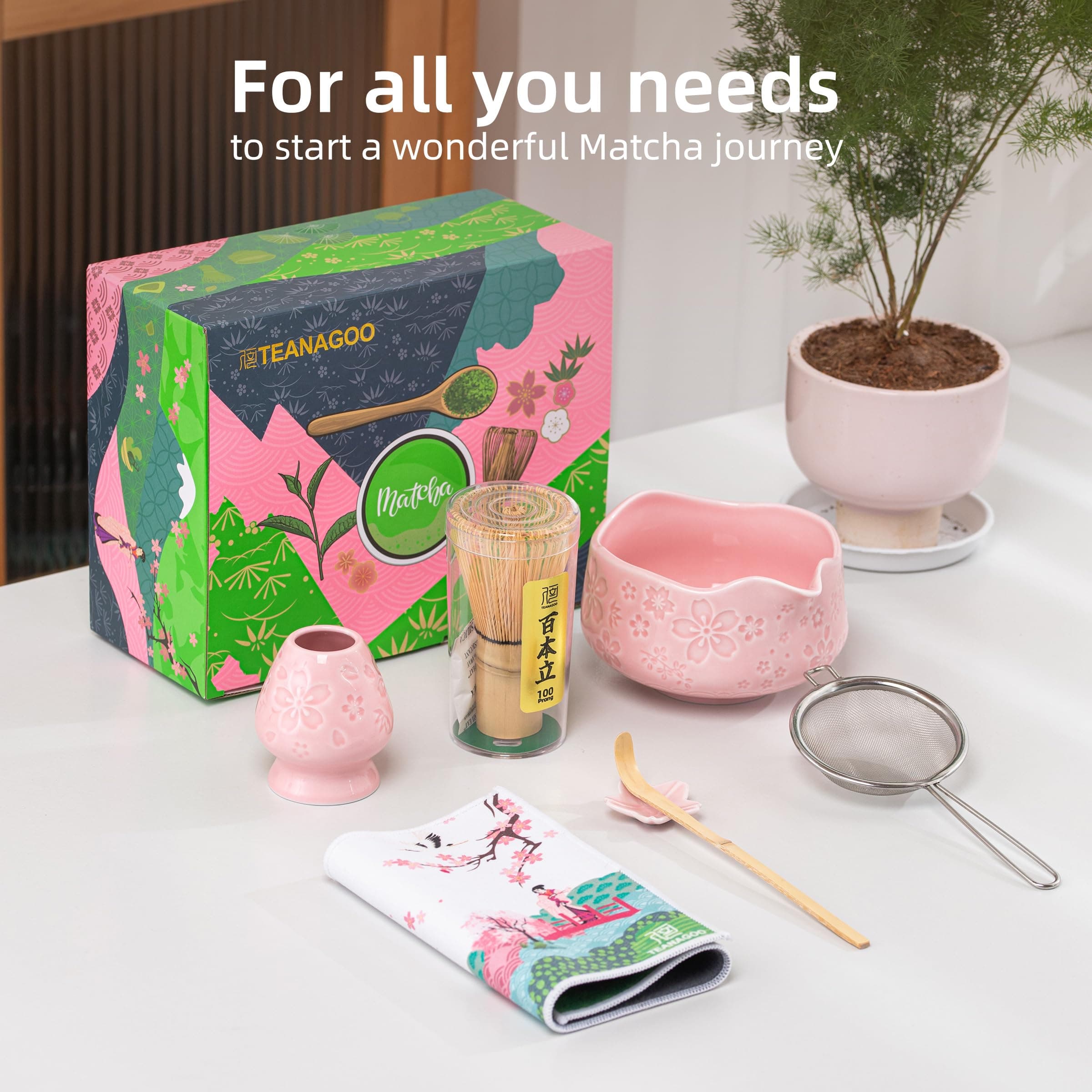 TEANAGOO 7-PCS Pink Matcha Whisk Set with Cherry Blossom Design, Complete Ceremo - Thumbnail 7