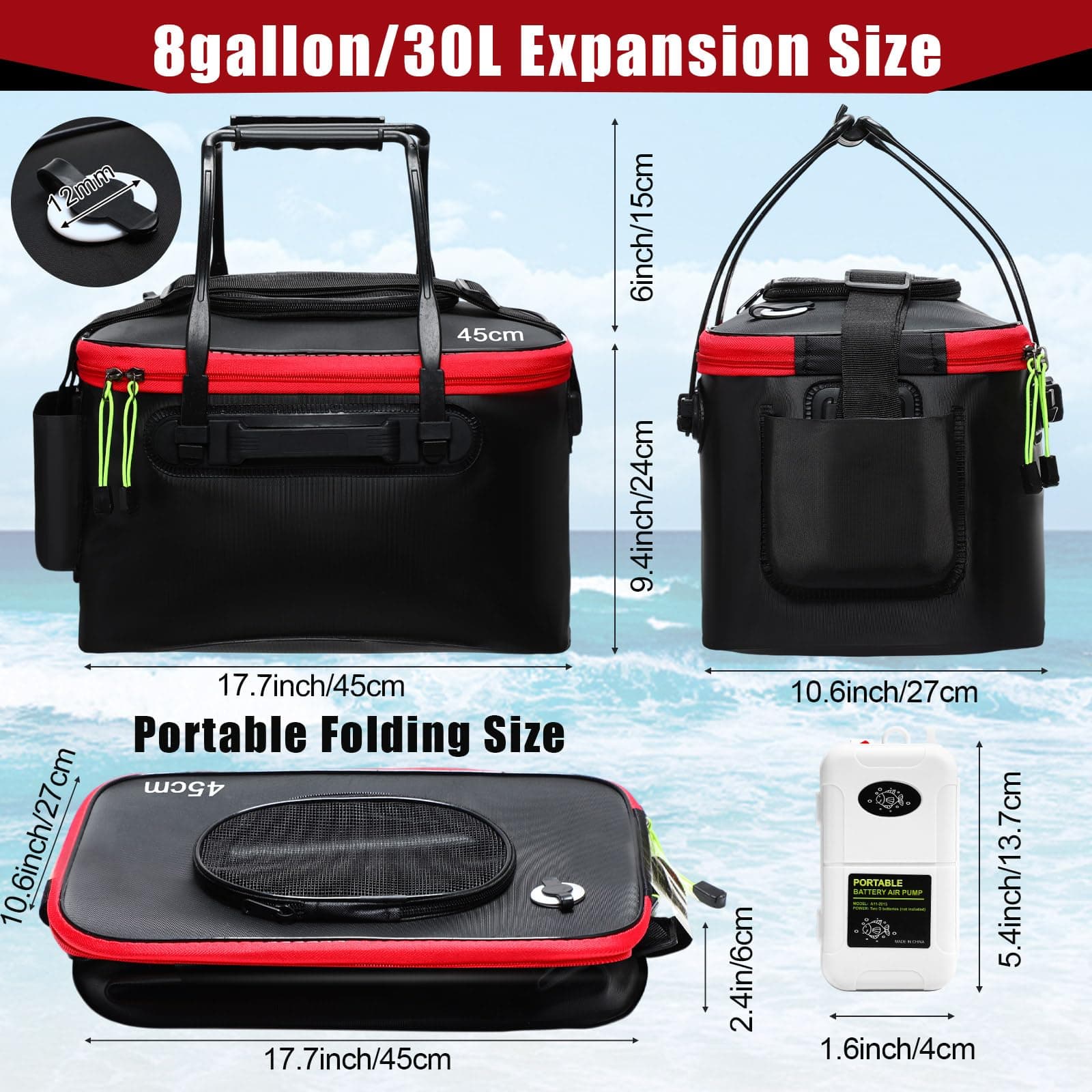 Cosblank 8 Gallon Fishing Bucket Live Bait Aerator Foldable Portable Quiet EVA B - Thumbnail 2