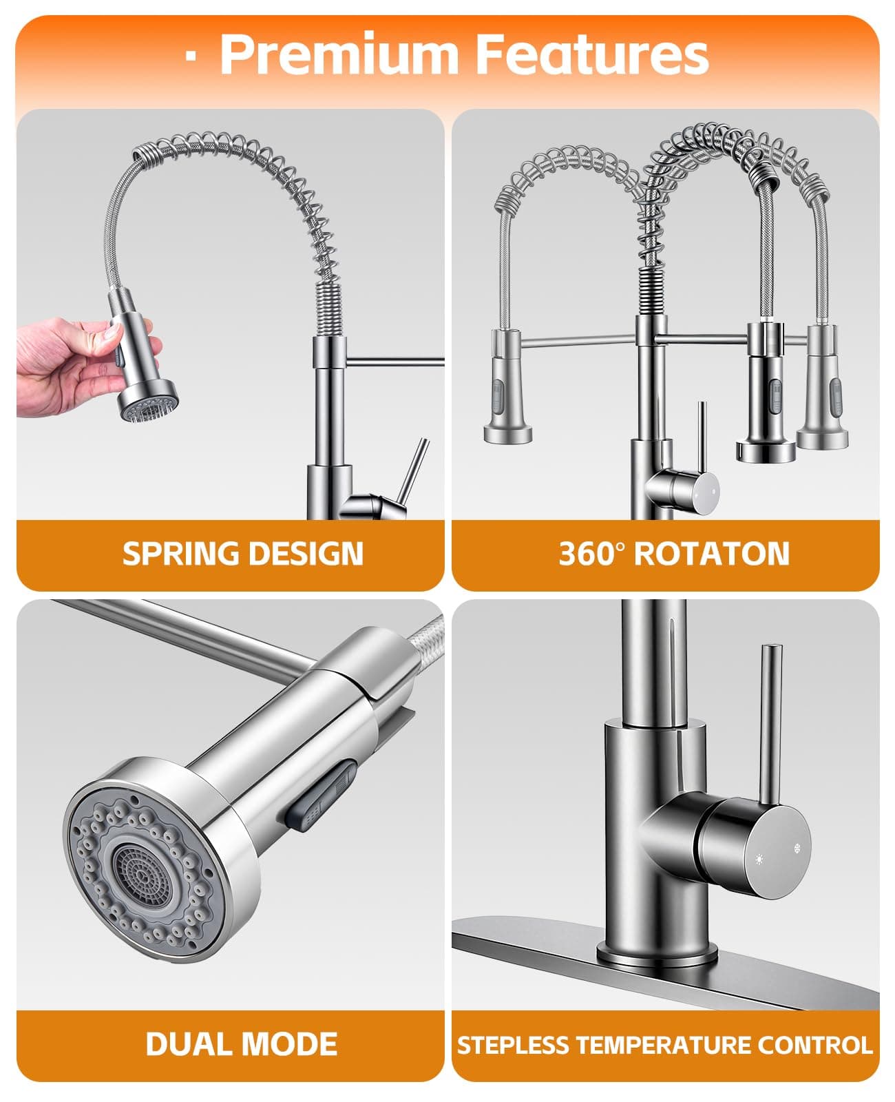 Durable Kitchen Sink Faucet Sprayer 360° Rotatable Commercial Pull Out Brushed N - Thumbnail 3