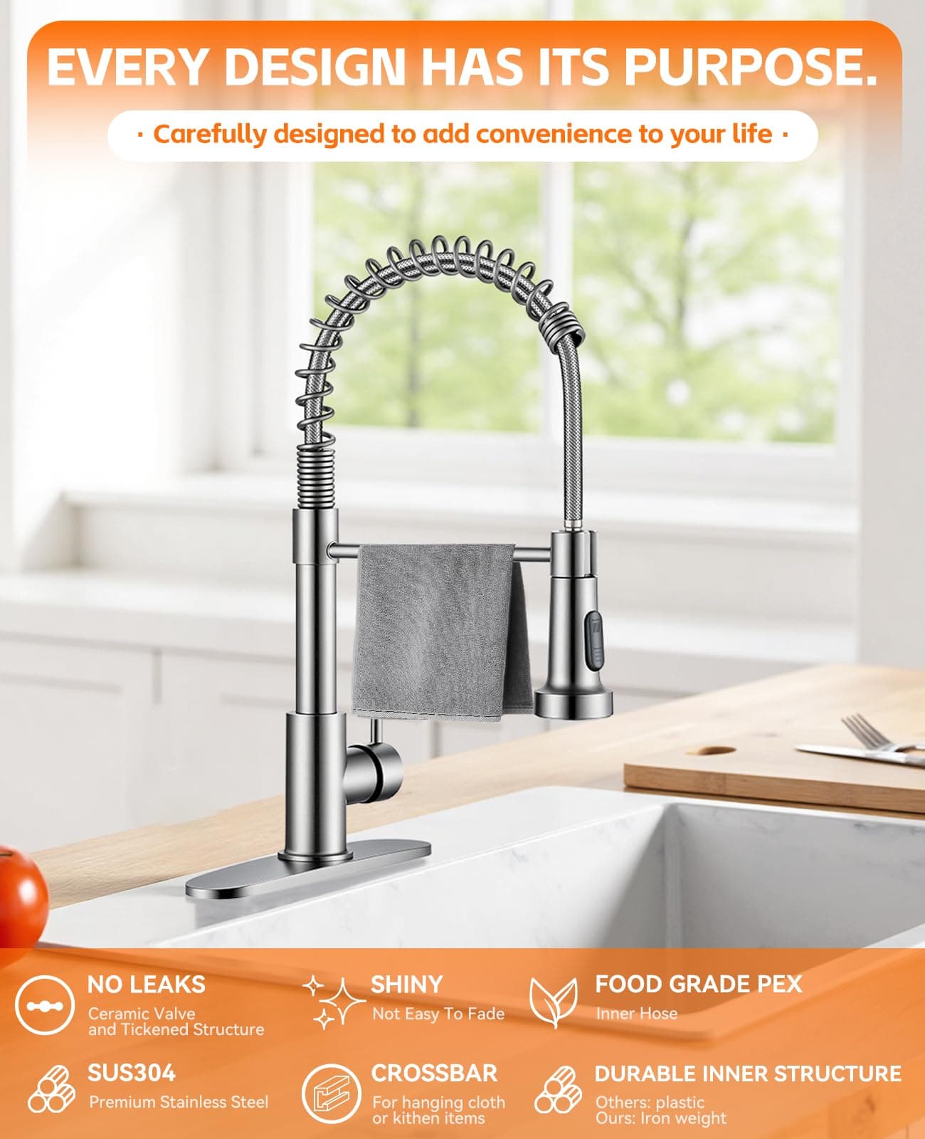 Durable Kitchen Sink Faucet Sprayer 360° Rotatable Commercial Pull Out Brushed N - Thumbnail 2