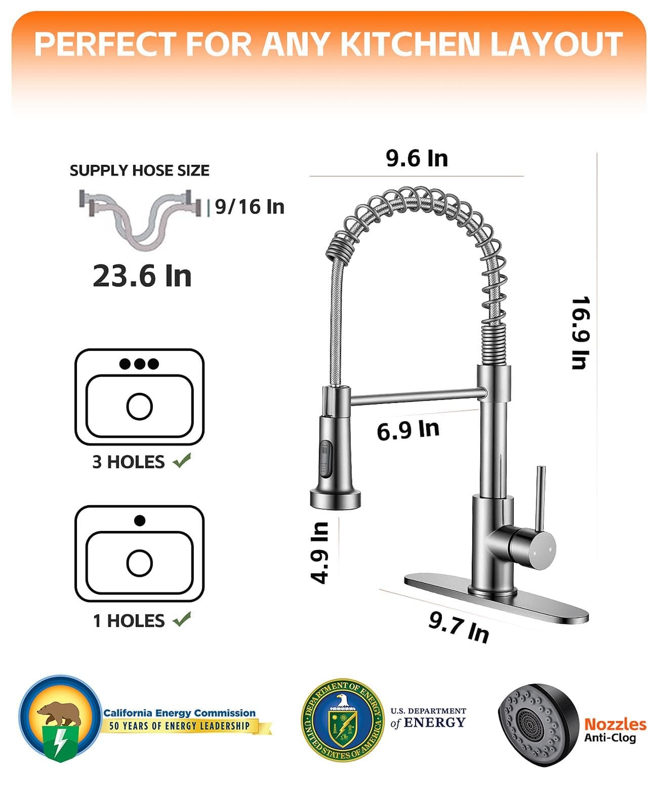 Durable Kitchen Sink Faucet Sprayer 360° Rotatable Commercial Pull Out Brushed N - Thumbnail 5