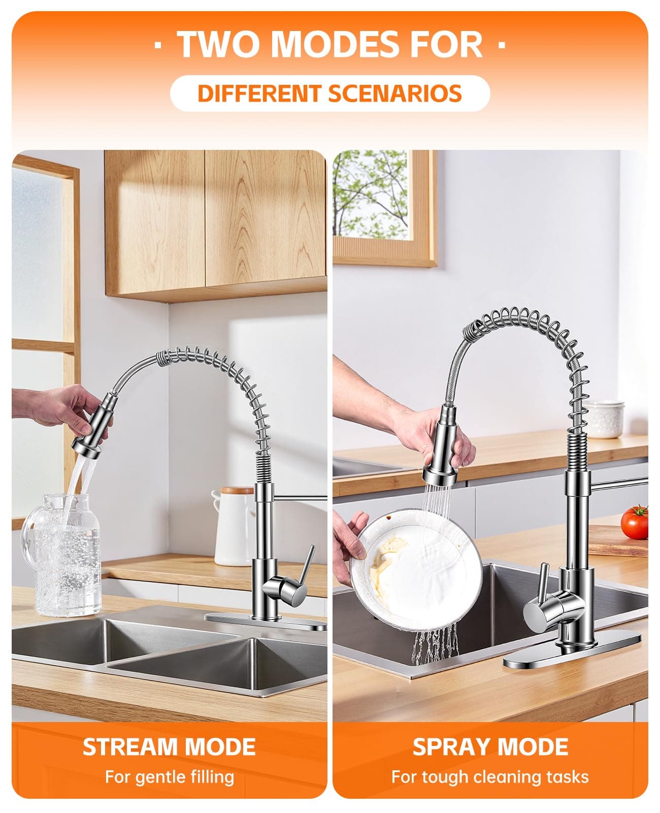 Durable Kitchen Sink Faucet Sprayer 360° Rotatable Commercial Pull Out Brushed N - Thumbnail 4