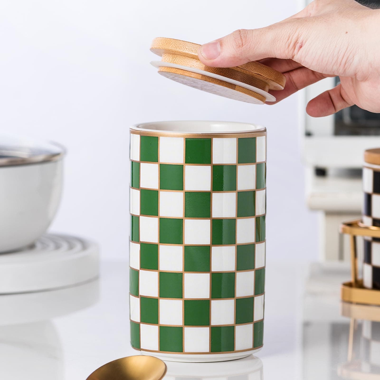 XYQXYQ Kitchen Countertop Ceramic Checkered Canisters,Black And White Food Stora - Image 1