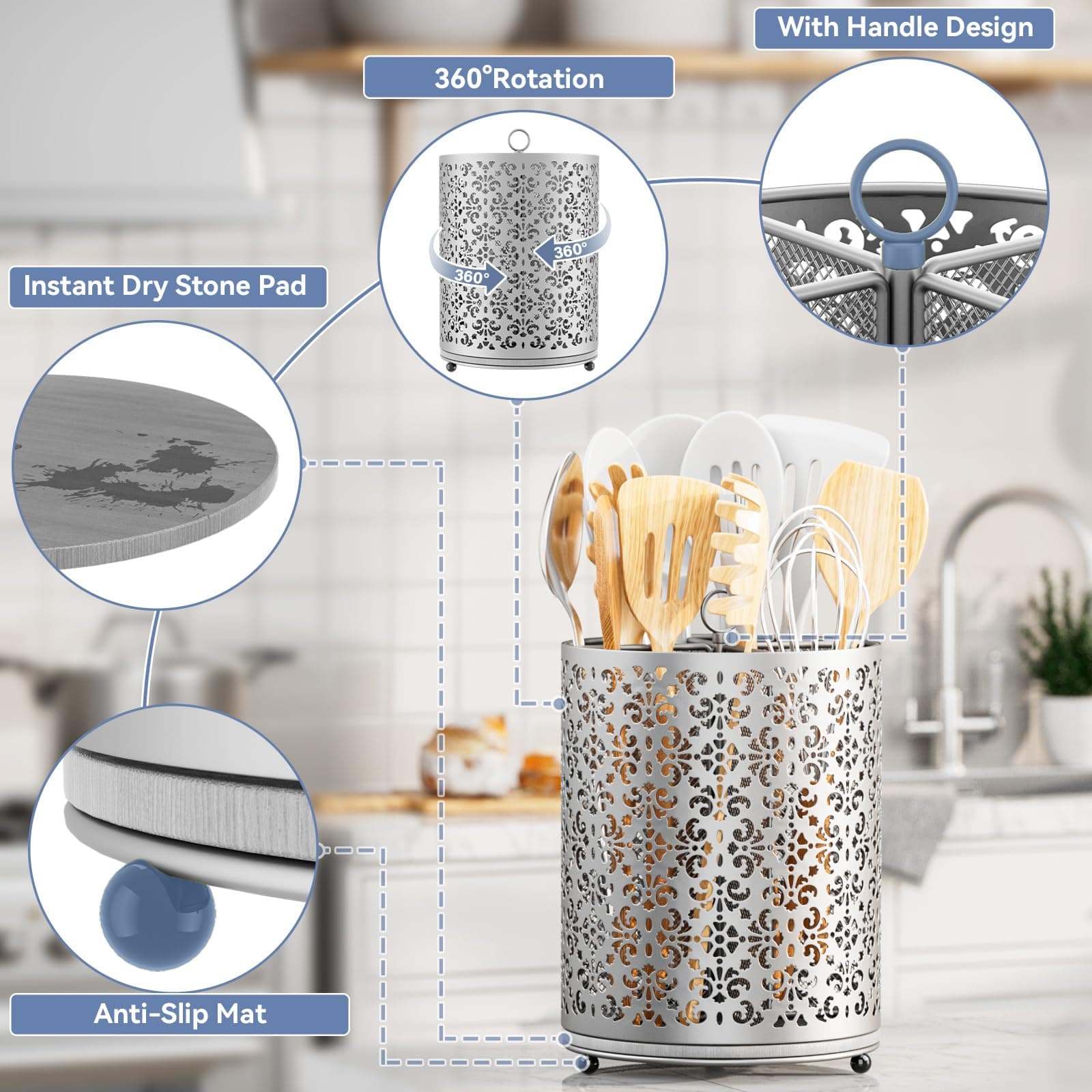 YIUKEA Extra Large Utensil Holder 360° Rotating Cooking Utensils Caddy Counterto - Thumbnail 2