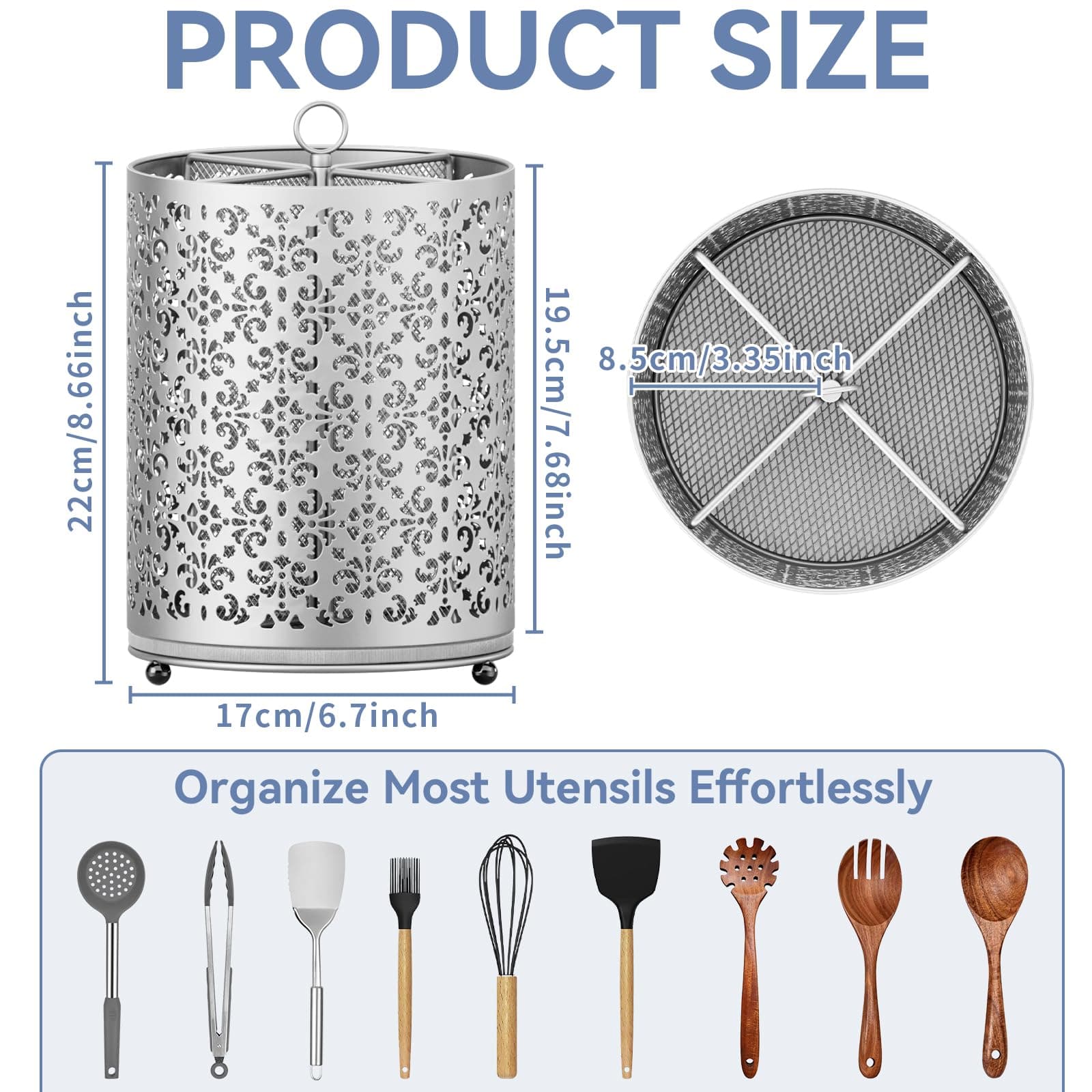 YIUKEA Extra Large Utensil Holder 360° Rotating Cooking Utensils Caddy Counterto - Thumbnail 4