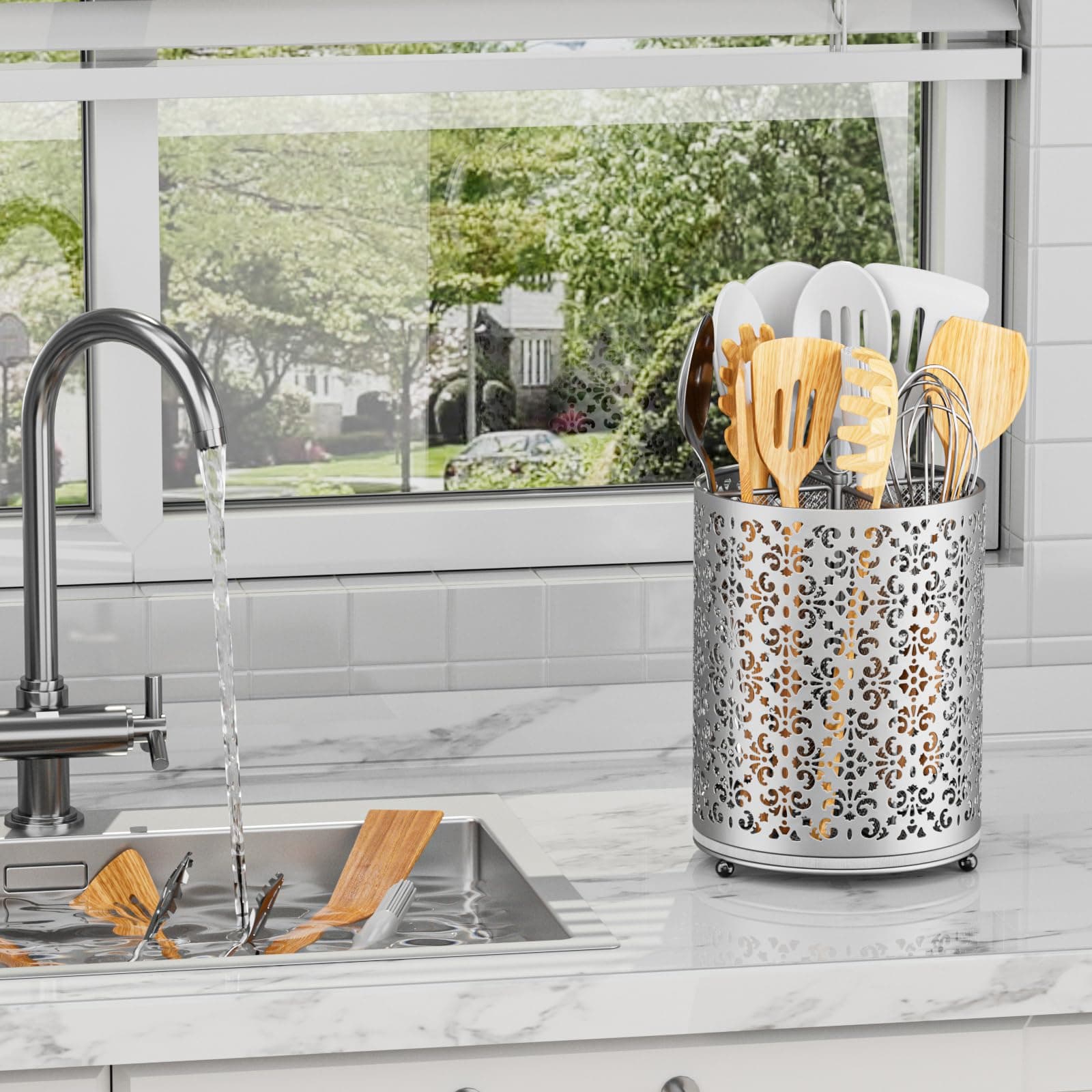 YIUKEA Extra Large Utensil Holder 360° Rotating Cooking Utensils Caddy Counterto - Thumbnail 5