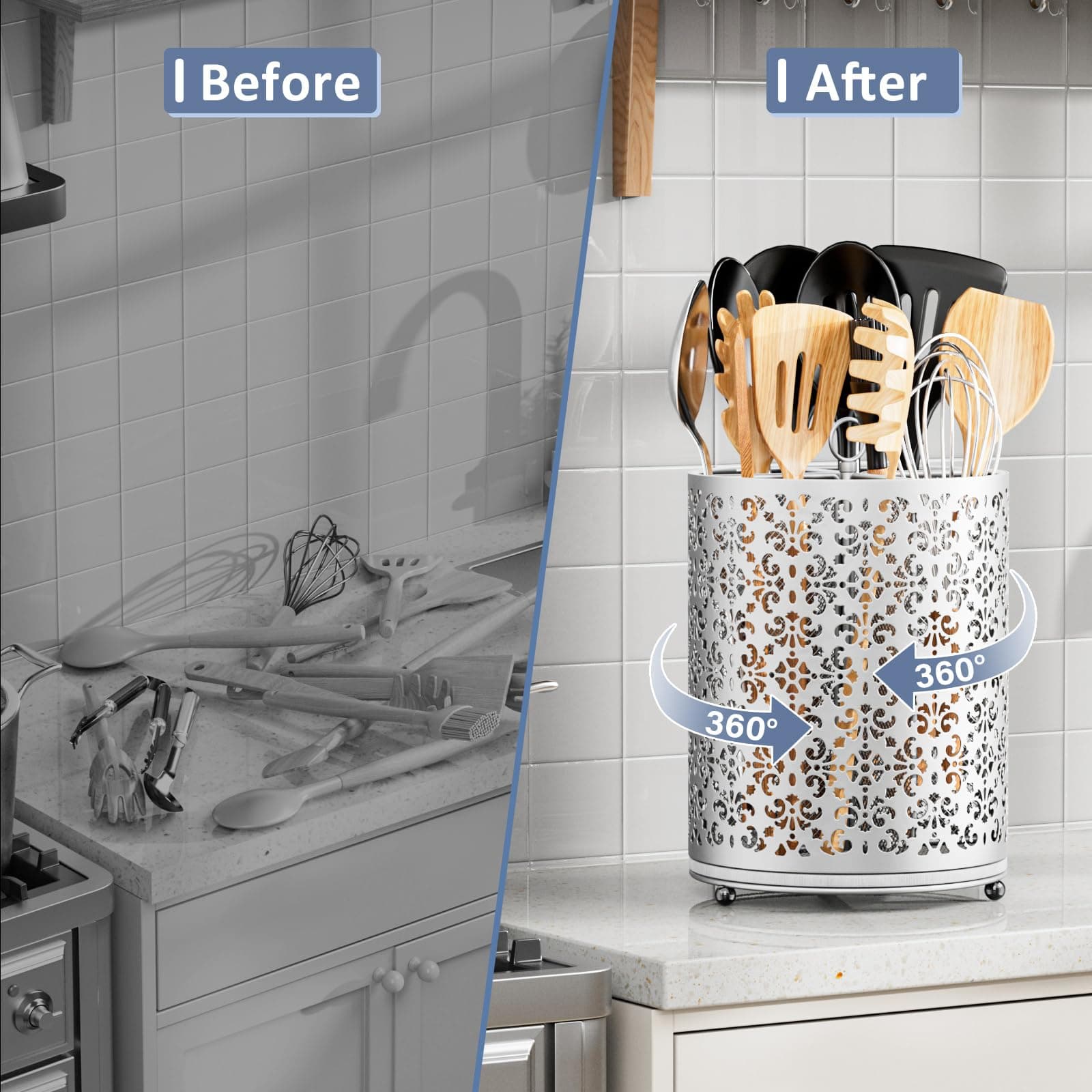 YIUKEA Extra Large Utensil Holder 360° Rotating Cooking Utensils Caddy Counterto - Thumbnail 6