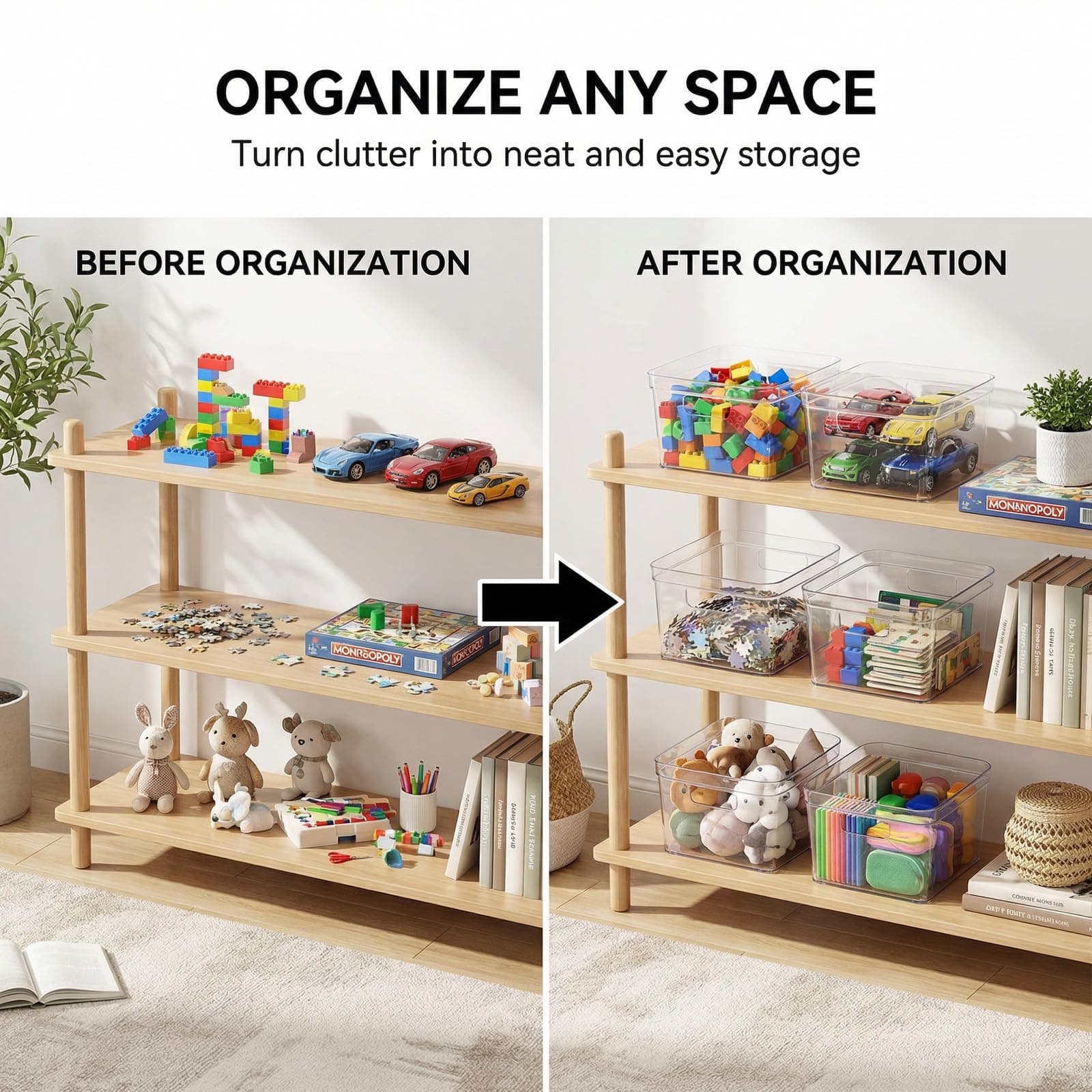 MOONEDGE 6-Pack Clear Plastic Storage Bins — Open-Top PET Storage Containers & O - Thumbnail 6