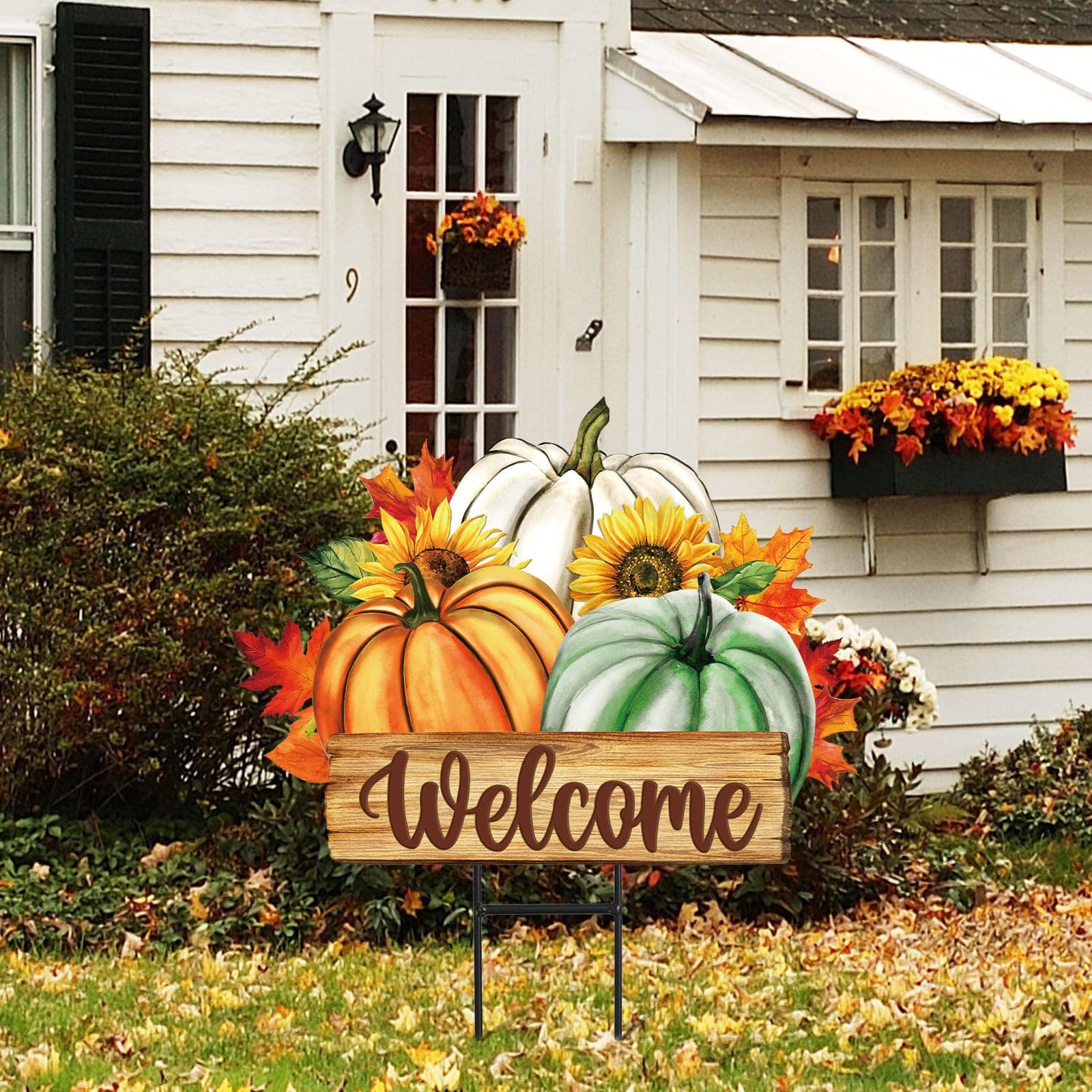JarThenaAMCS Fall Pumpkin Metal Garden Stakes Green Orange White Pumpkin Decorat - Thumbnail 7