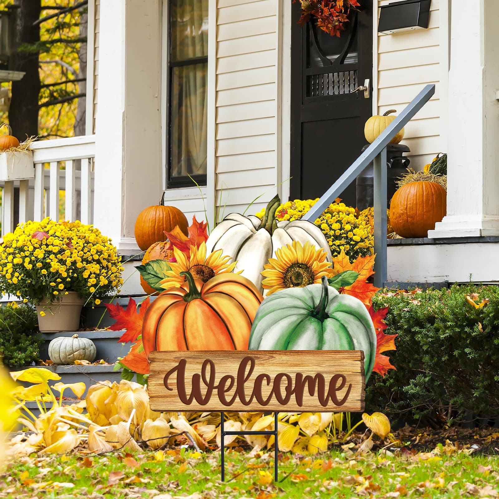 JarThenaAMCS Fall Pumpkin Metal Garden Stakes Green Orange White Pumpkin Decorat - Thumbnail 3