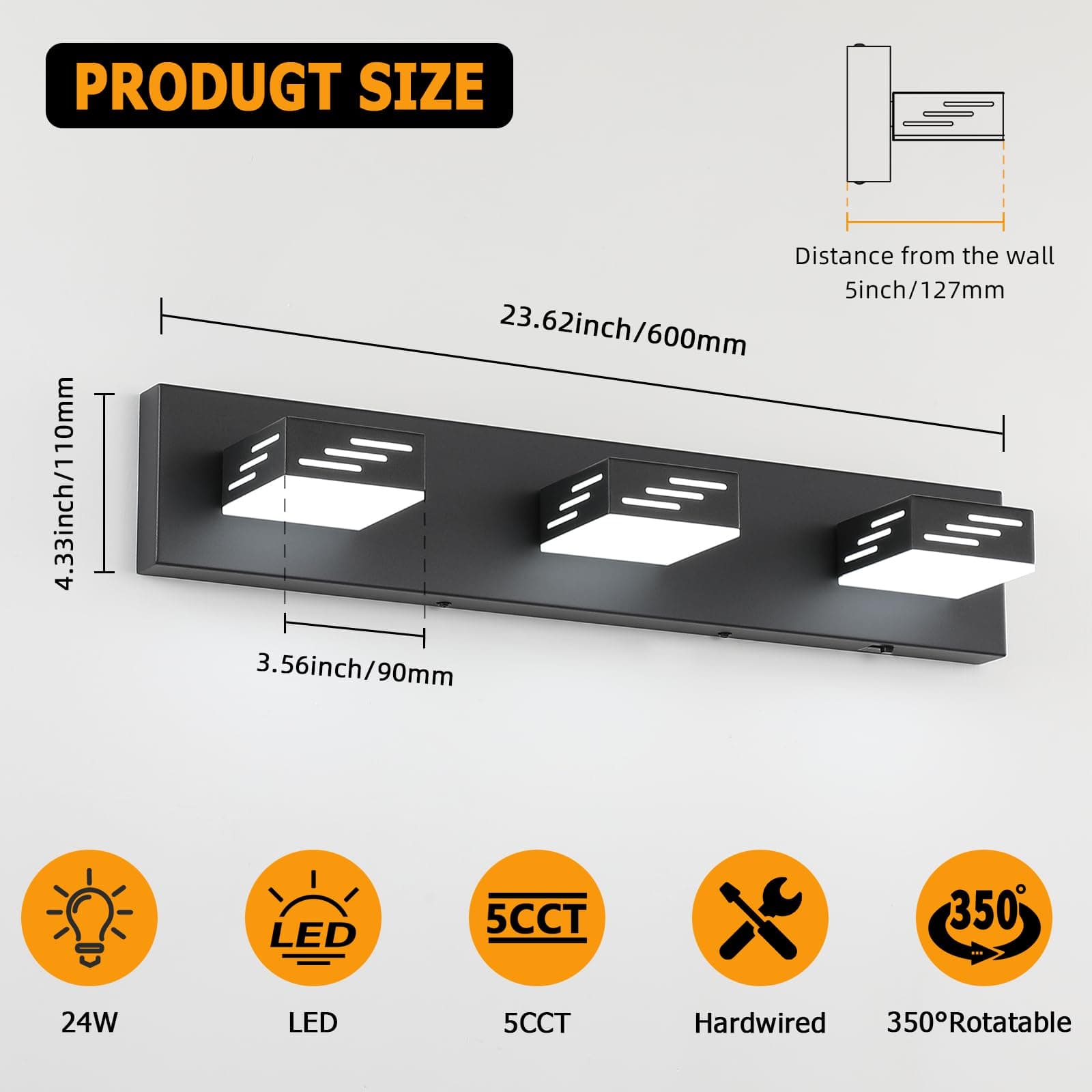 Joosenhouse 3-Light Black Bathroom Vanity Light 5CCT Dimmable LED Mirror Lightin - Thumbnail 4