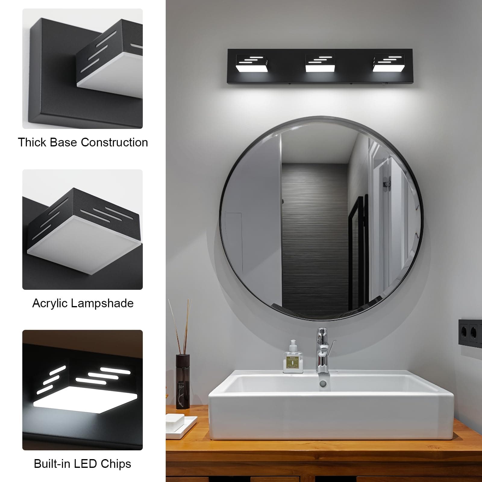 Joosenhouse 3-Light Black Bathroom Vanity Light 5CCT Dimmable LED Mirror Lightin - Thumbnail 6