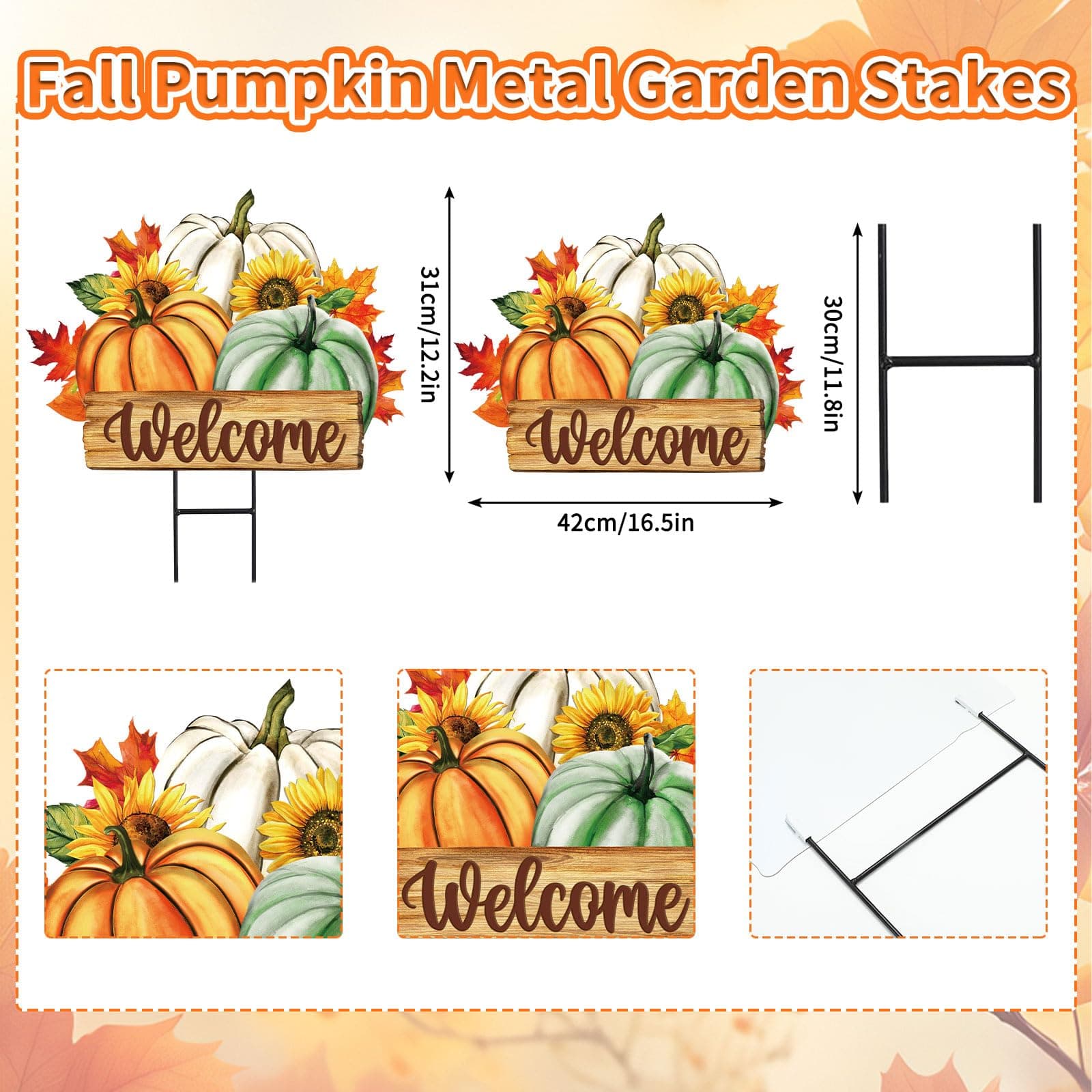JarThenaAMCS Fall Pumpkin Metal Garden Stakes Green Orange White Pumpkin Decorat - Thumbnail 2