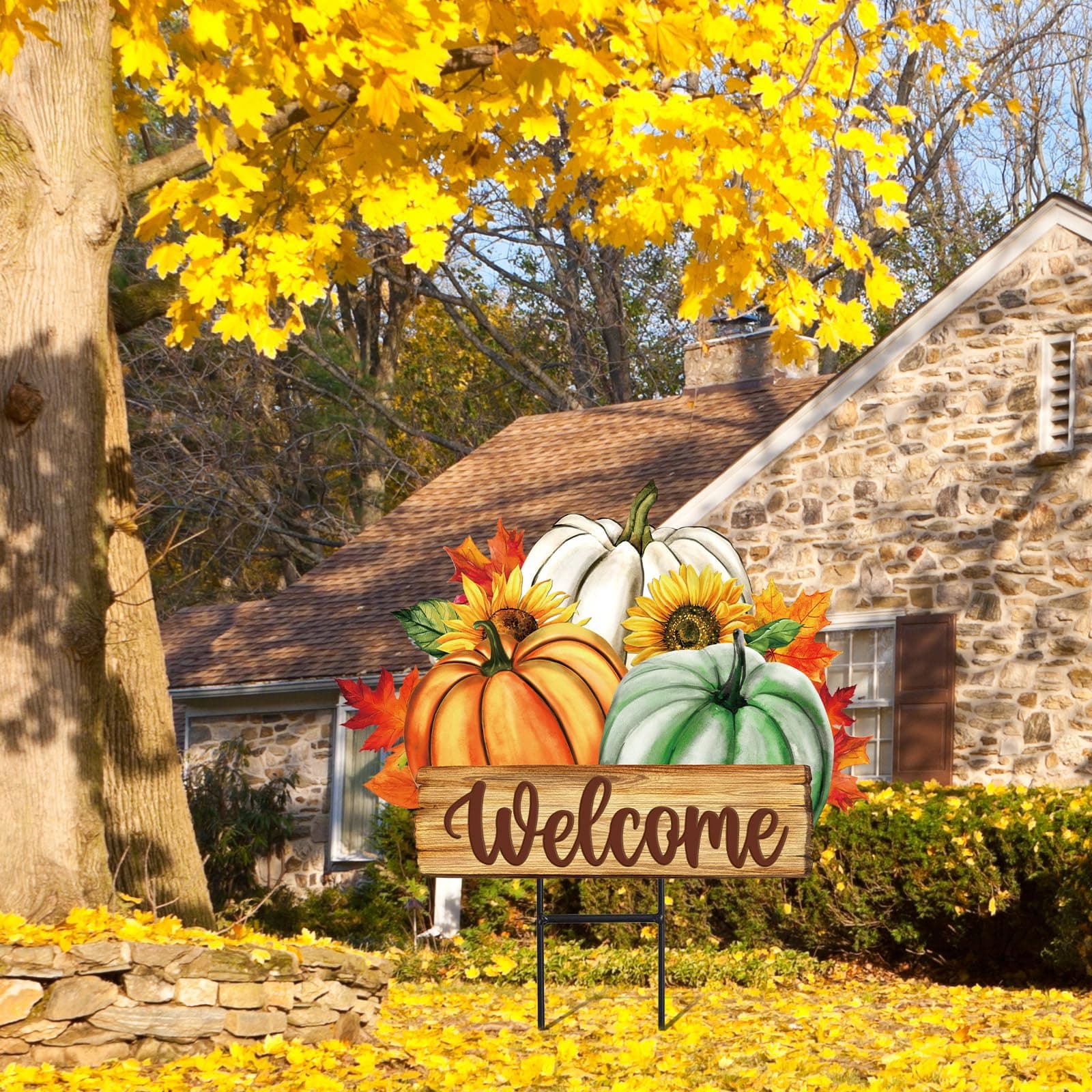 JarThenaAMCS Fall Pumpkin Metal Garden Stakes Green Orange White Pumpkin Decorat - Thumbnail 4
