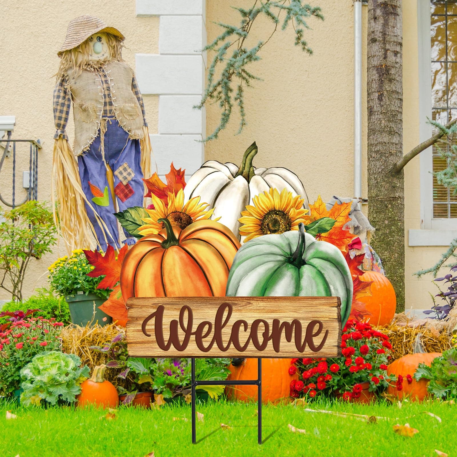 JarThenaAMCS Fall Pumpkin Metal Garden Stakes Green Orange White Pumpkin Decorat - Thumbnail 5