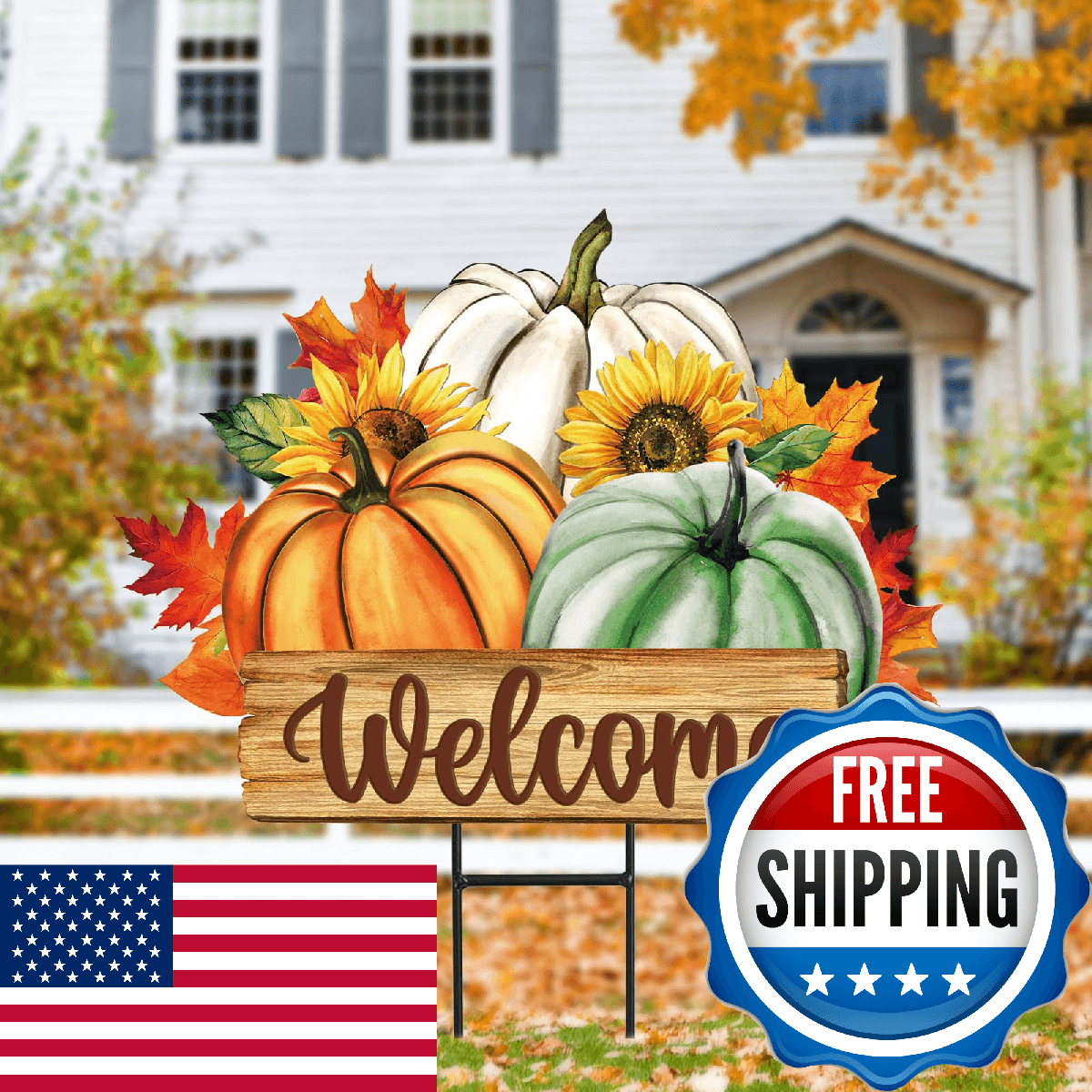 JarThenaAMCS Fall Pumpkin Metal Garden Stakes Green Orange White Pumpkin Decorat - Image 1