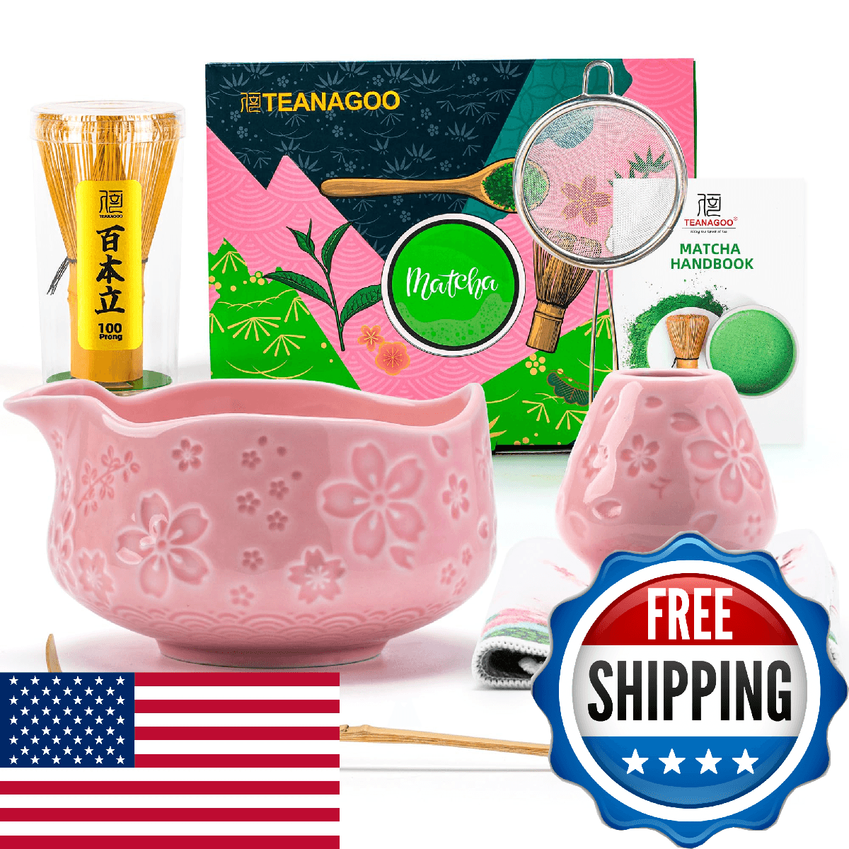 TEANAGOO 7-PCS Pink Matcha Whisk Set with Cherry Blossom Design, Complete Ceremo - Image 1