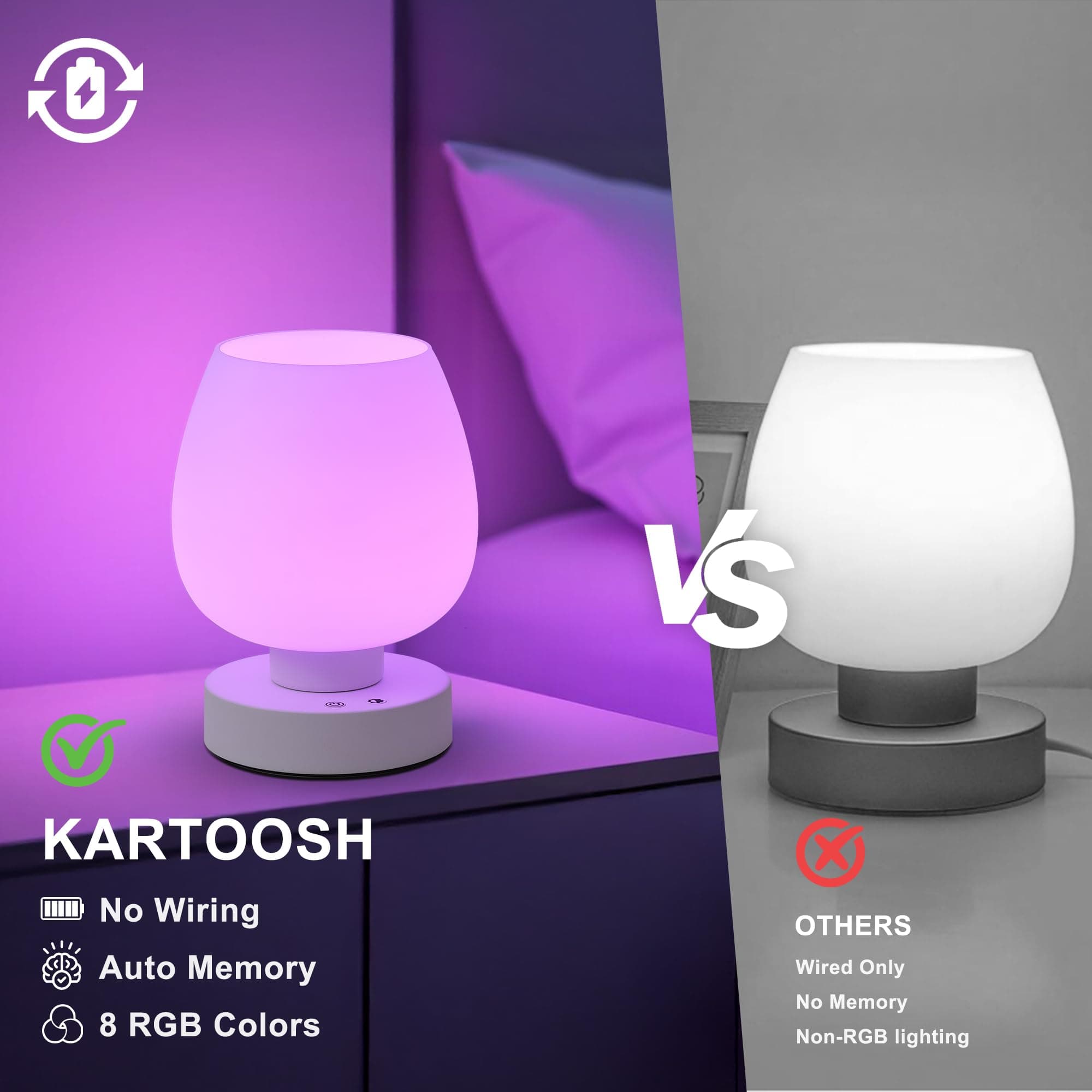 KARTOOSH Cordless Touch Bedside Table Lamp, Rechargeable Battery Operated Desk L - Thumbnail 3
