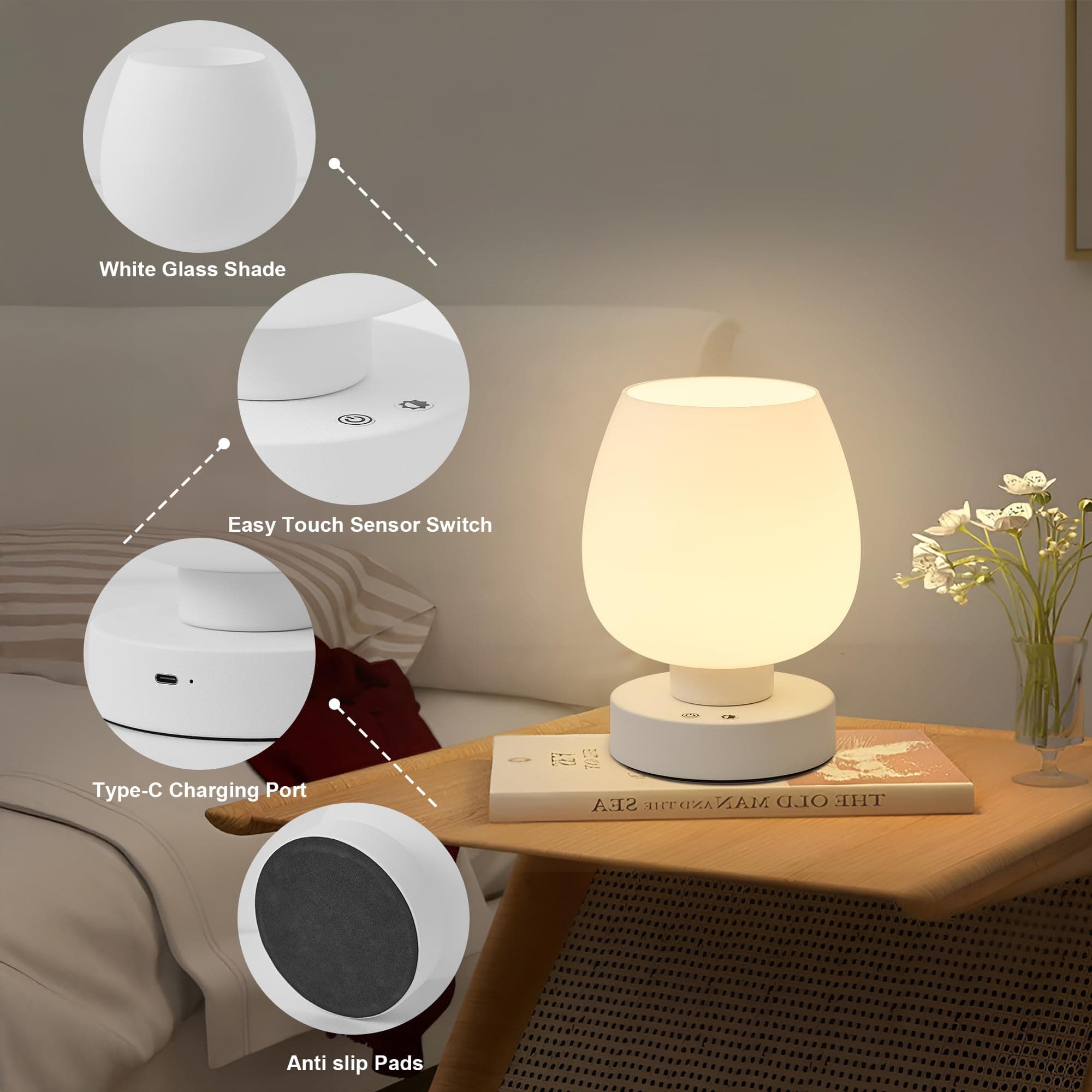 KARTOOSH Cordless Touch Bedside Table Lamp, Rechargeable Battery Operated Desk L - Thumbnail 9